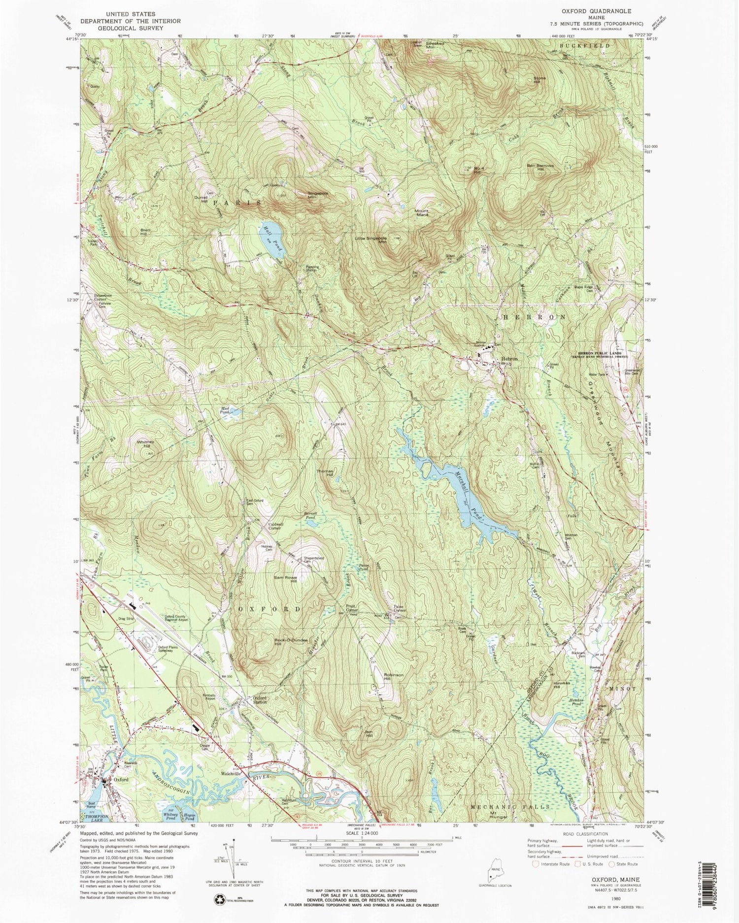 Classic USGS Oxford Maine 7.5'x7.5' Topo Map Image