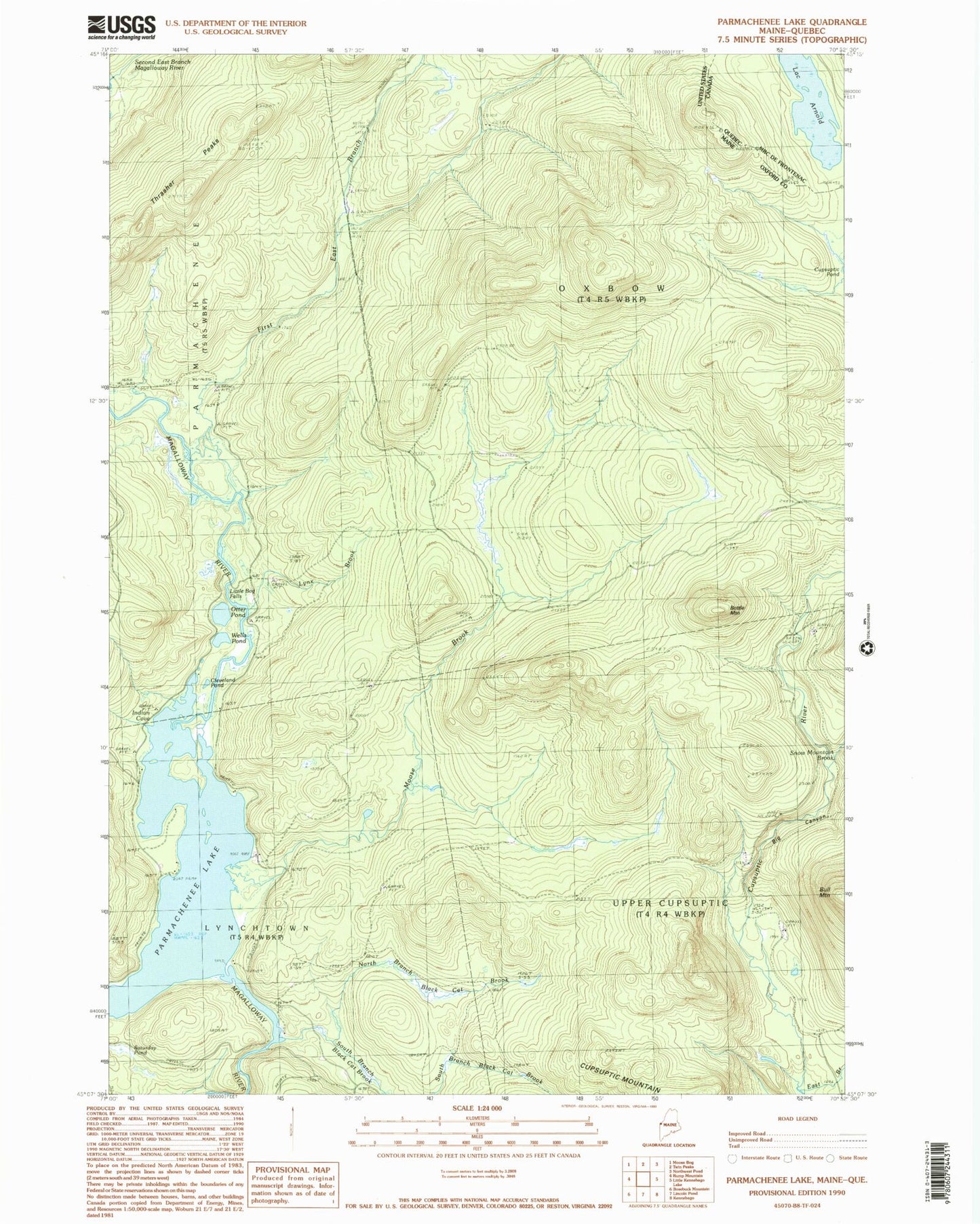 Classic USGS Parmachenee Lake Maine 7.5'x7.5' Topo Map Image