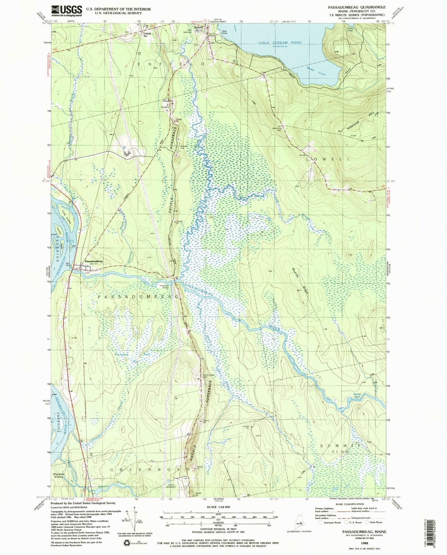 Classic USGS Passadumkeag Maine 7.5'x7.5' Topo Map Image