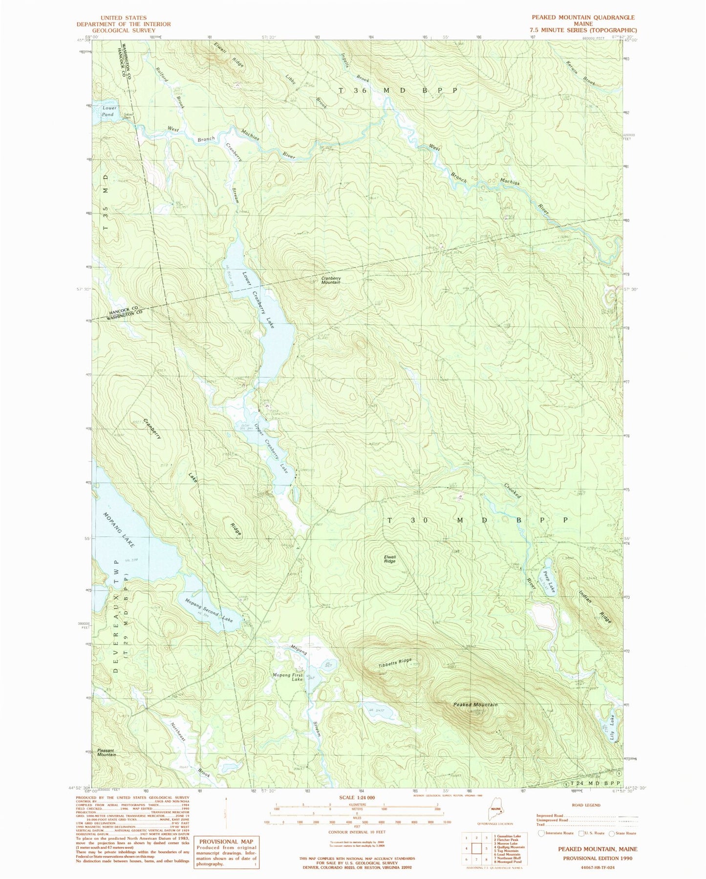 Classic USGS Peaked Mountain Maine 7.5'x7.5' Topo Map Image