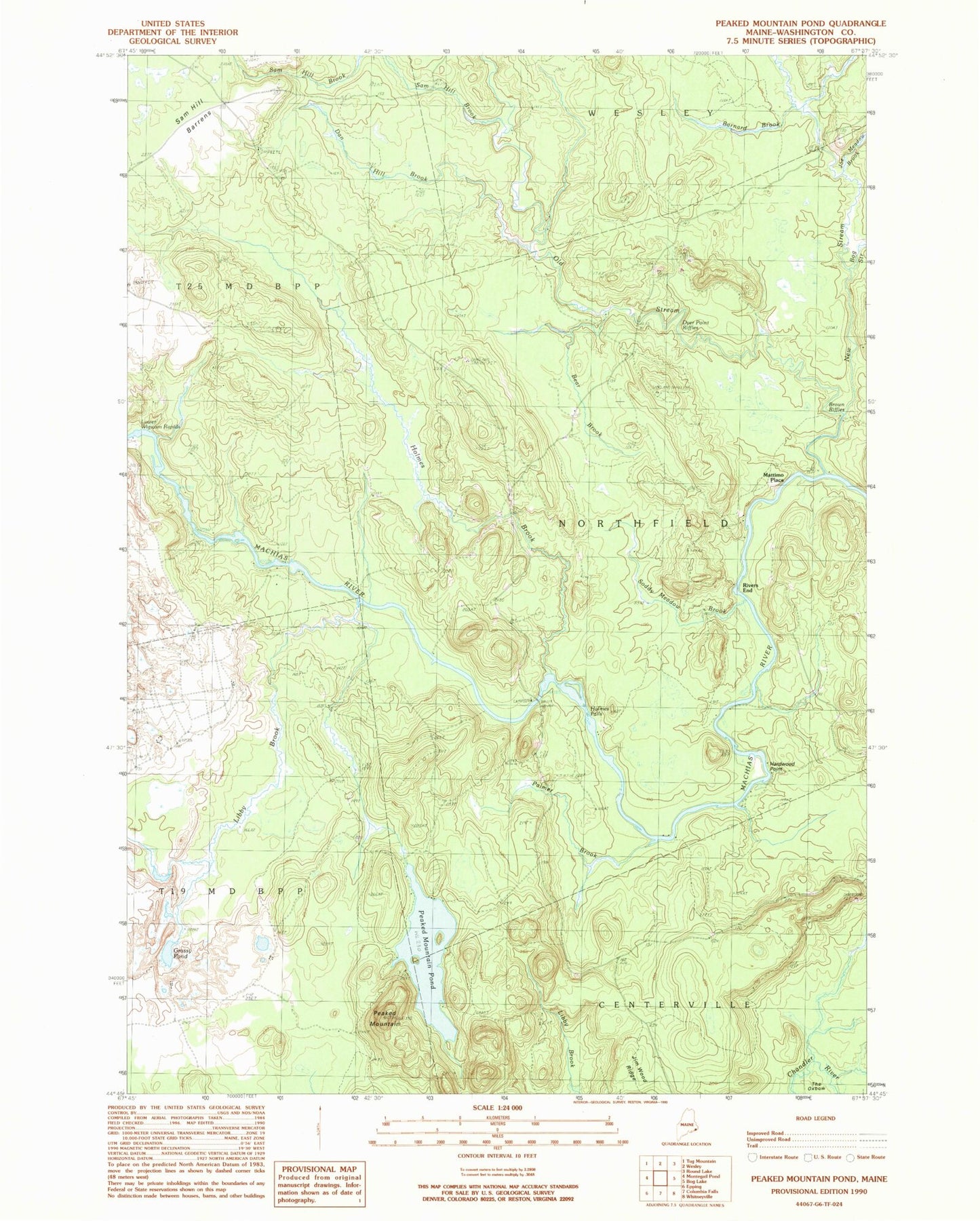 Classic USGS Peaked Mountain Pond Maine 7.5'x7.5' Topo Map Image