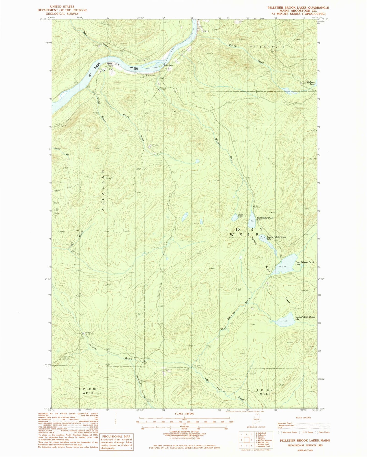 Classic USGS Pelletier Brook Lakes Maine 7.5'x7.5' Topo Map Image