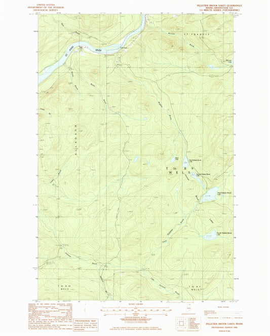 Classic USGS Pelletier Brook Lakes Maine 7.5'x7.5' Topo Map Image