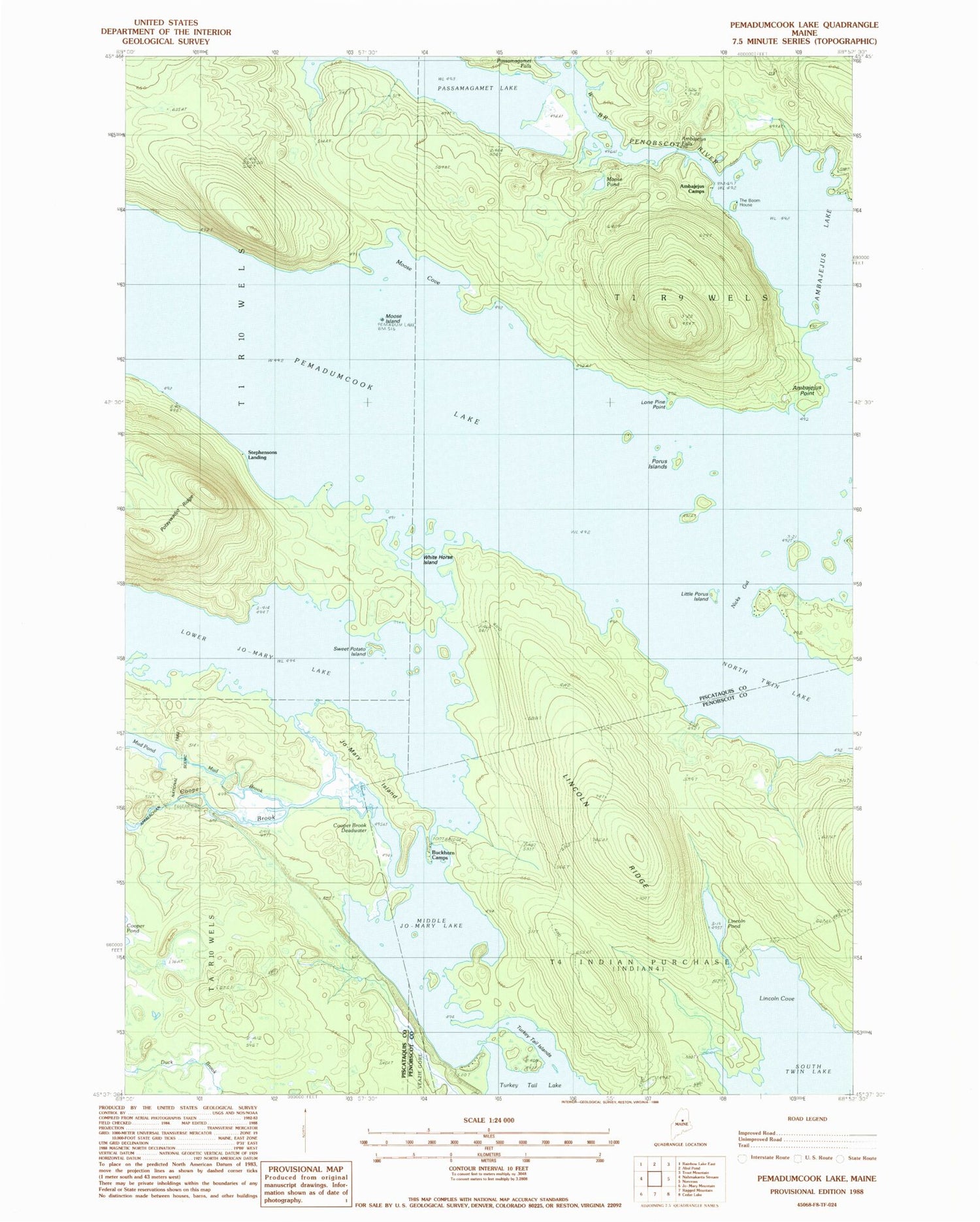 Classic USGS Pemadumcook Lake Maine 7.5'x7.5' Topo Map Image
