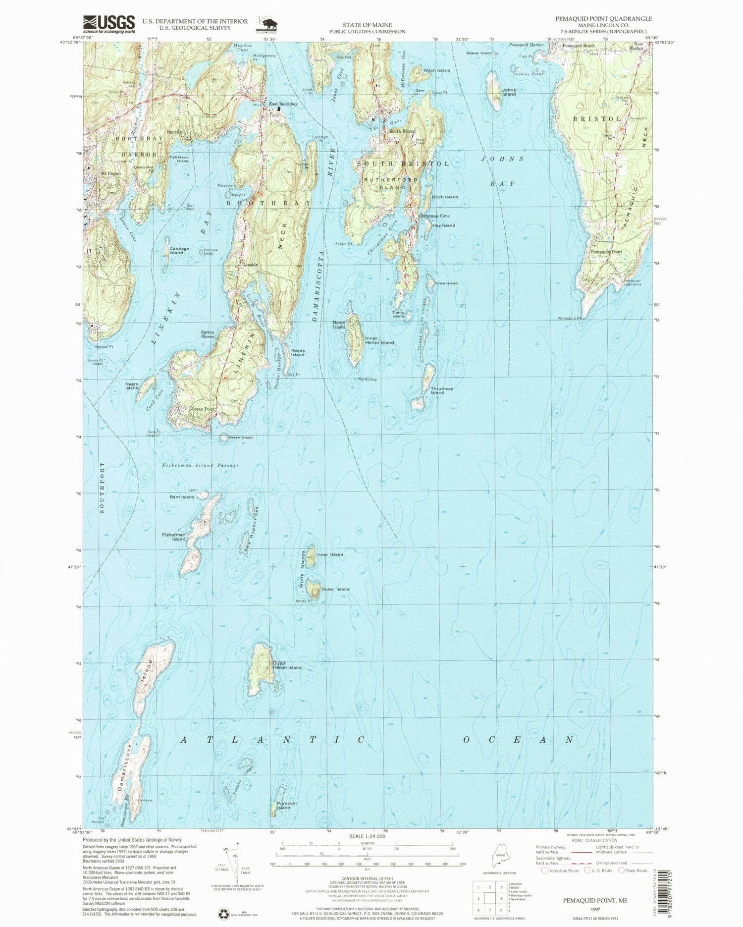 Classic USGS Pemaquid Point Maine 7.5'x7.5' Topo Map Image
