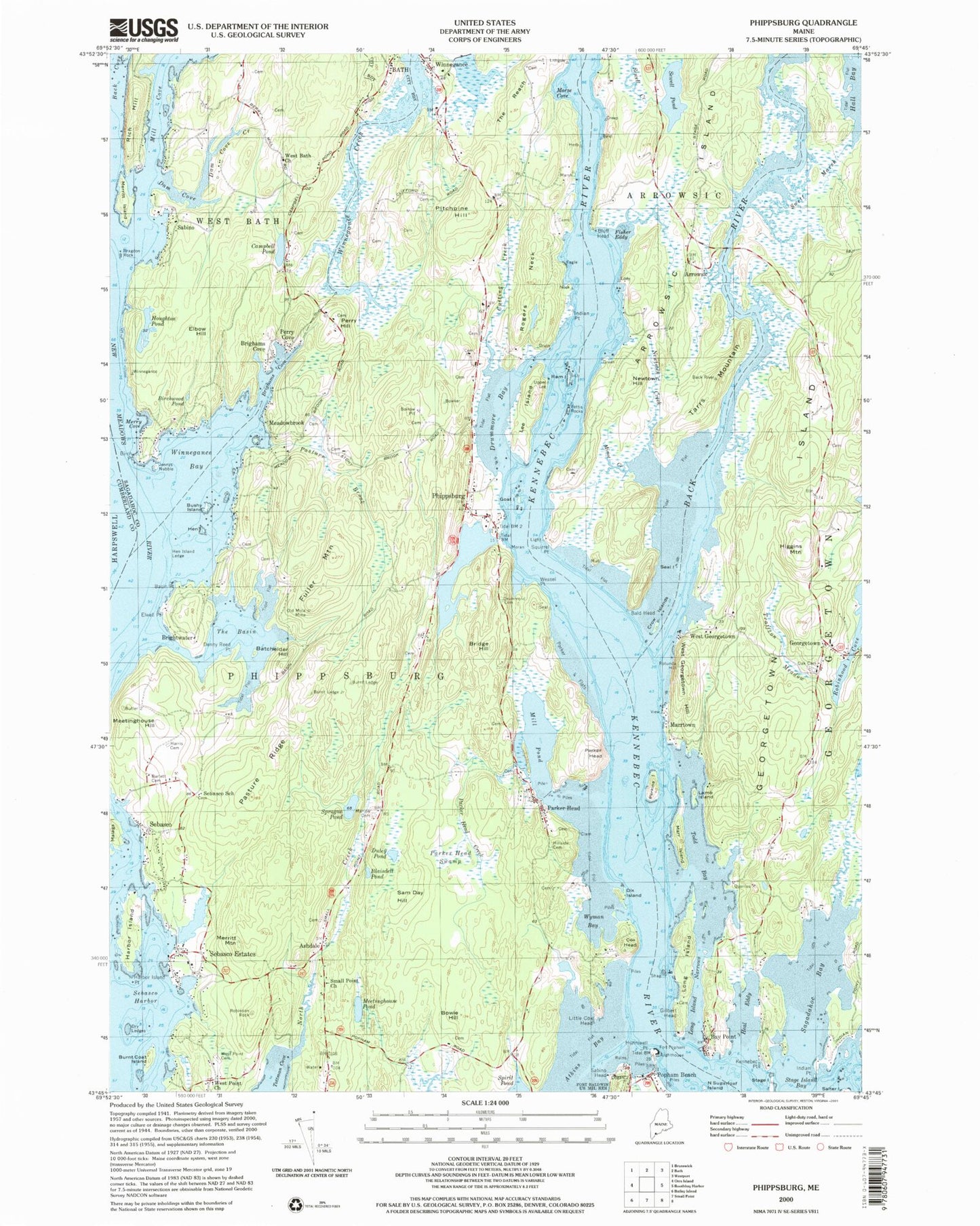 USGS Classic Phippsburg Maine 7.5'x7.5' Topo Map Image