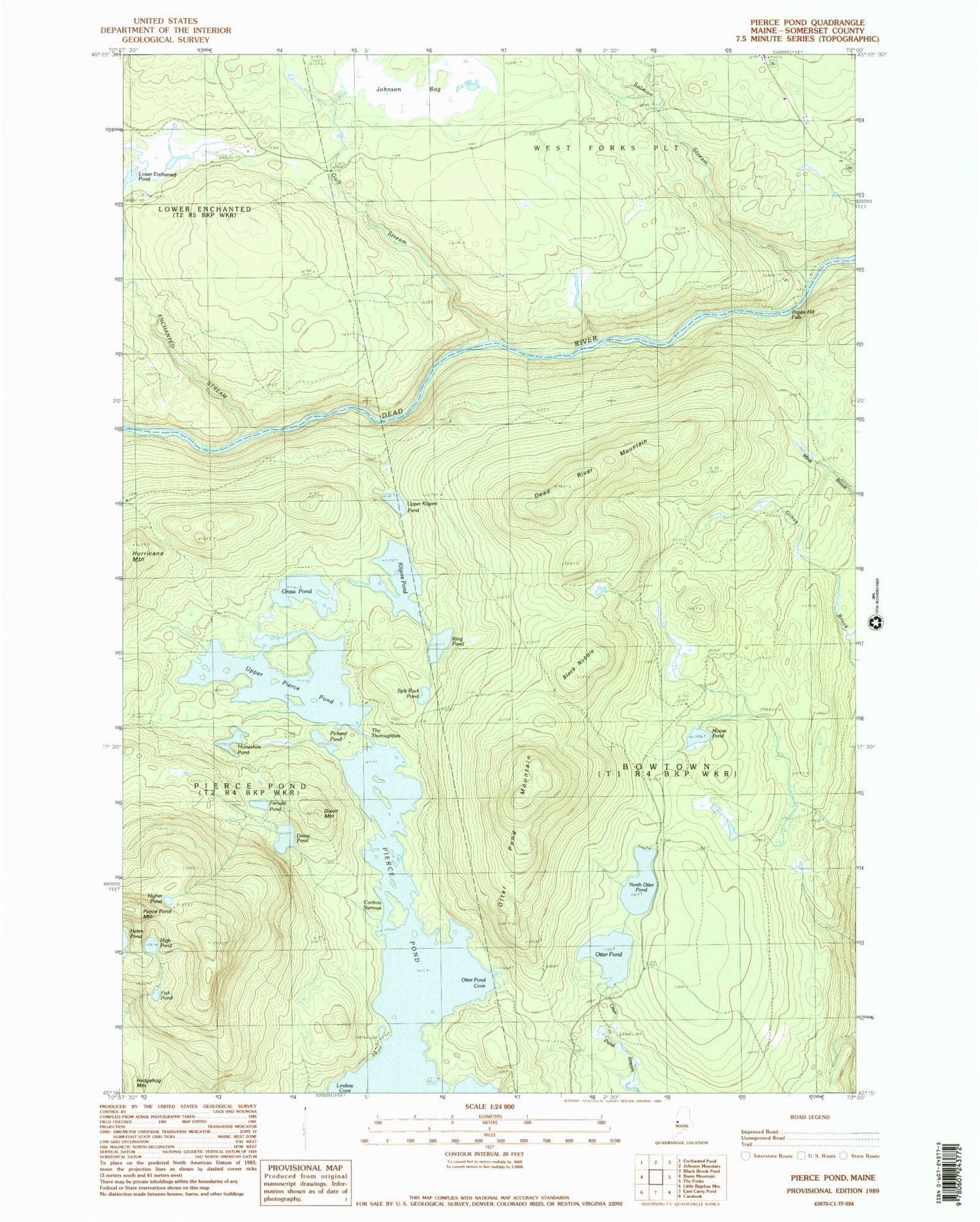 Classic USGS Pierce Pond Maine 7.5'x7.5' Topo Map Image