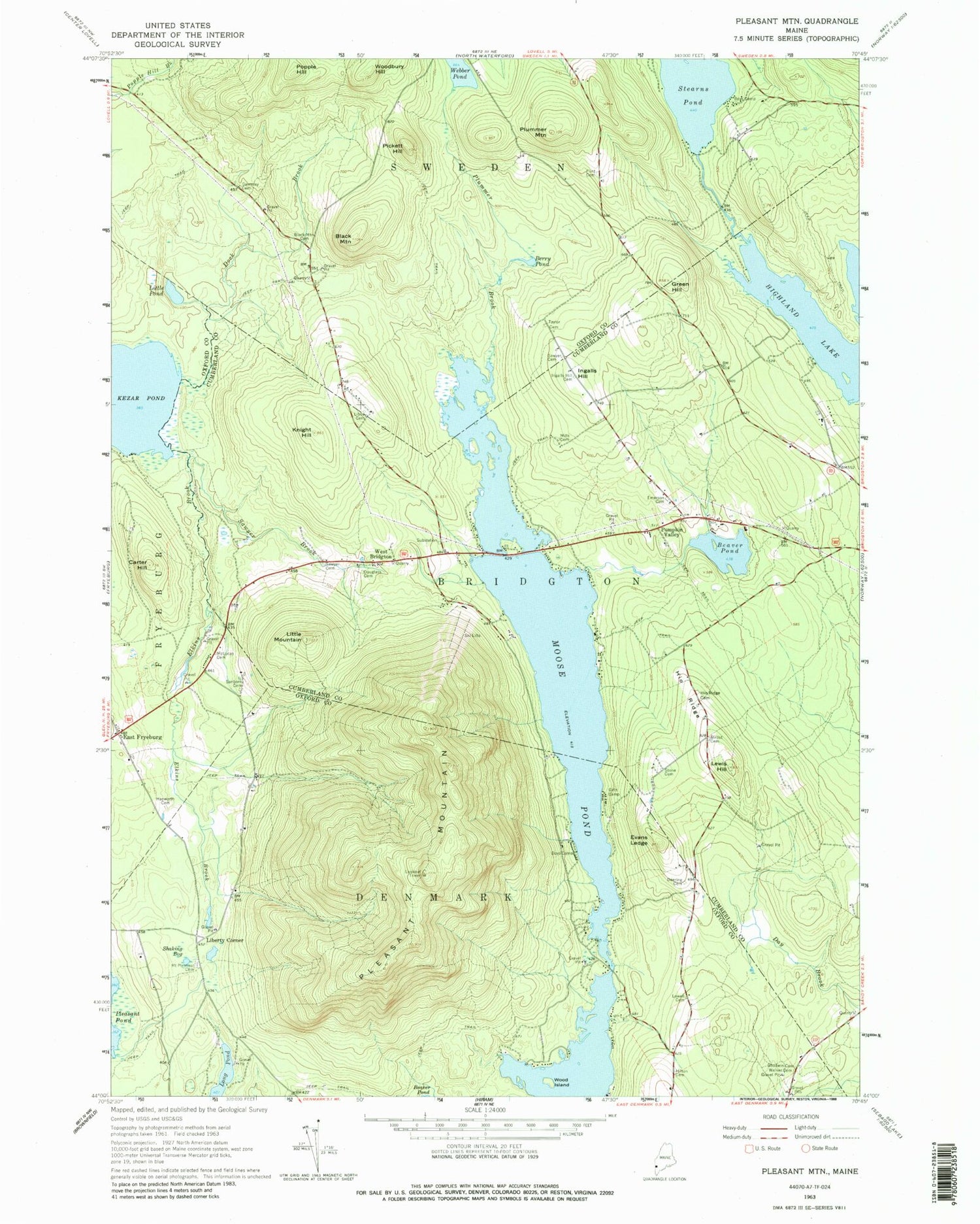 Classic USGS Pleasant Mountain Maine 7.5'x7.5' Topo Map Image