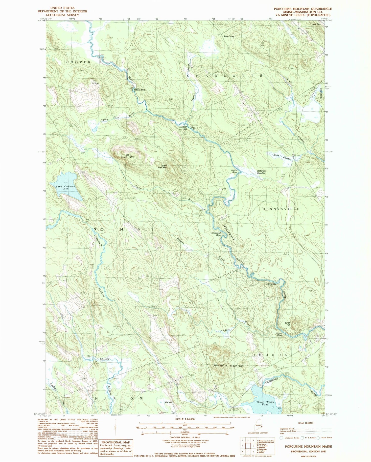 Classic USGS Porcupine Mountain Maine 7.5'x7.5' Topo Map Image