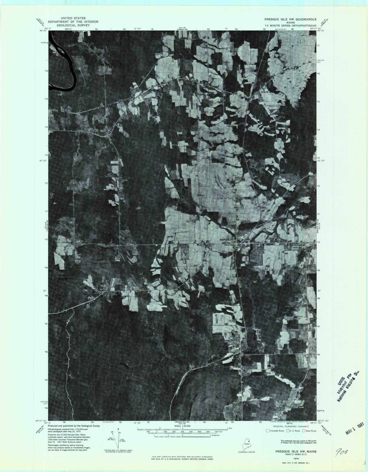 Classic USGS Mapleton Maine 7.5'x7.5' Topo Map Image