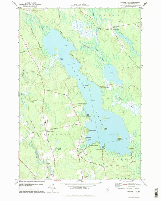 Classic USGS Pushaw Lake Maine 7.5'x7.5' Topo Map Image