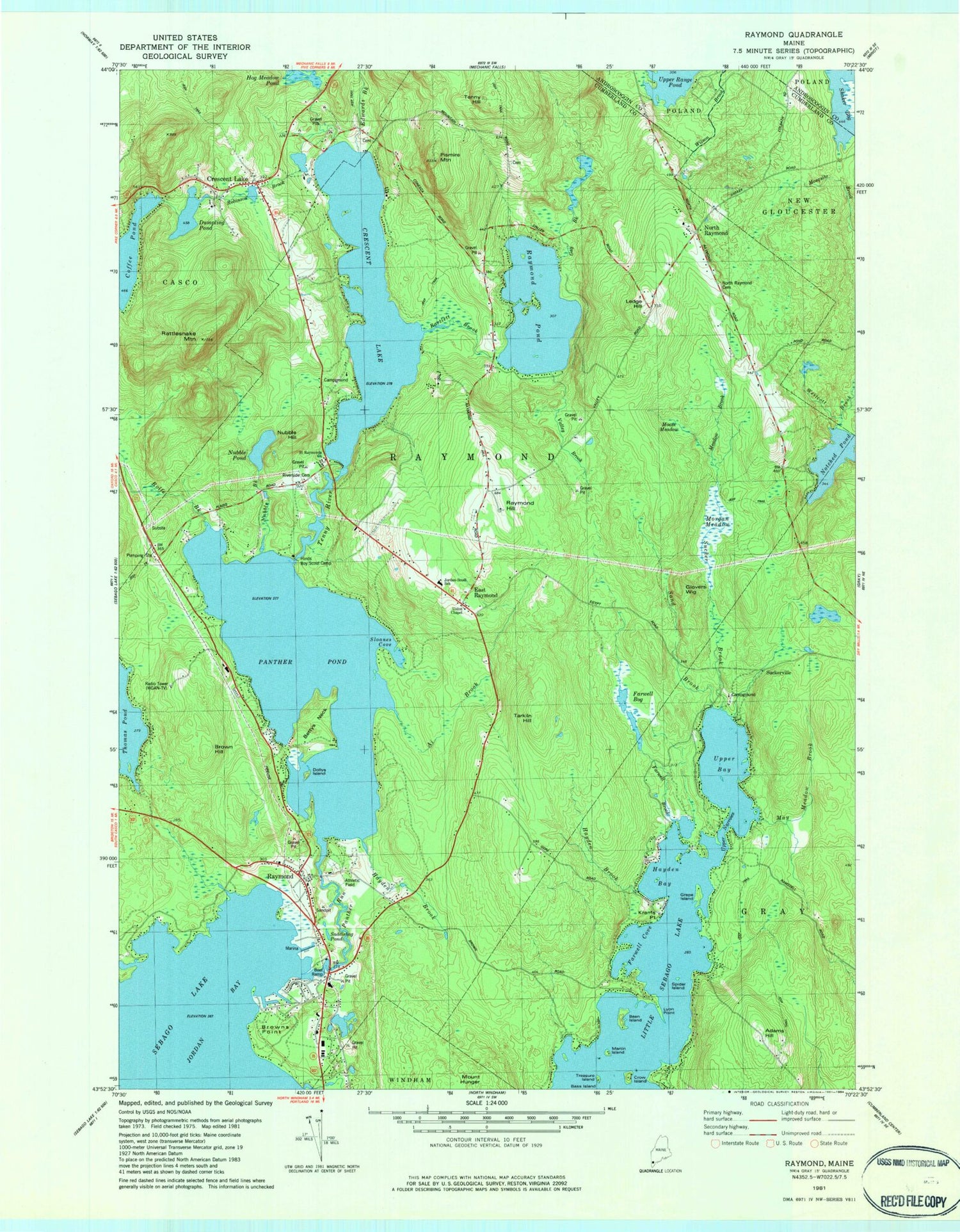 Classic USGS Raymond Maine 7.5'x7.5' Topo Map Image