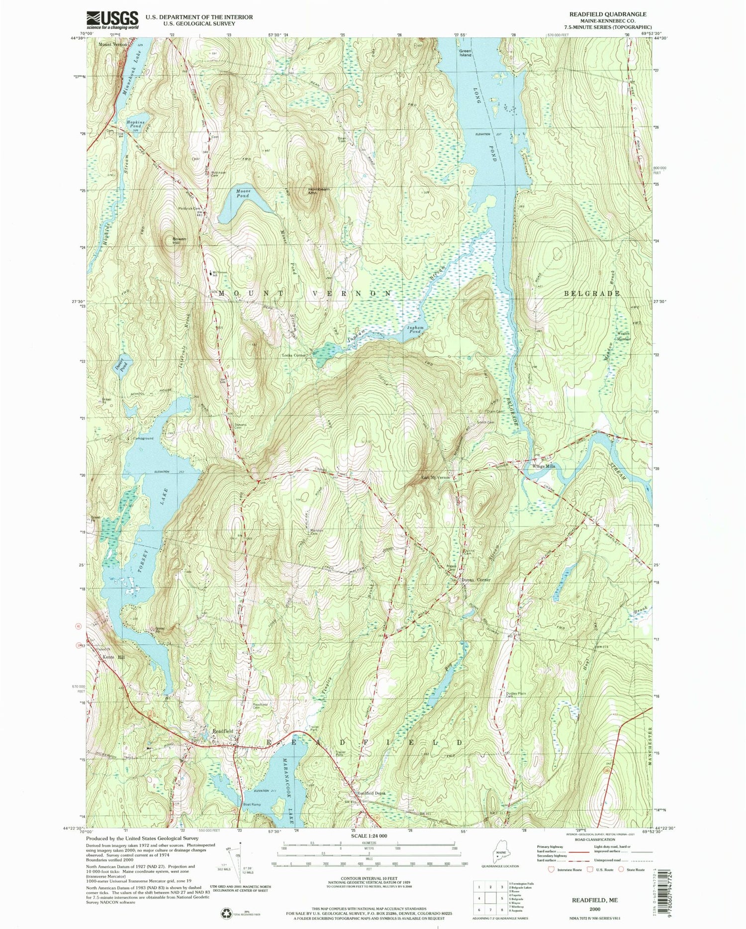 Classic USGS Readfield Maine 7.5'x7.5' Topo Map Image