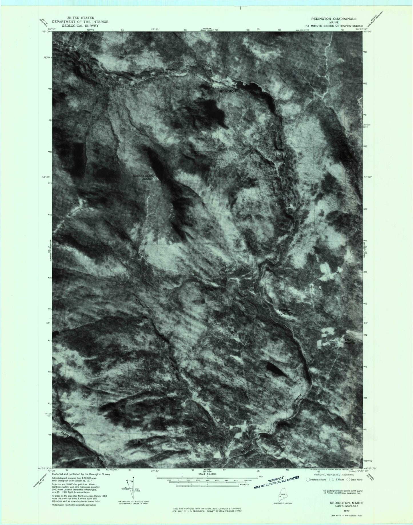 Classic USGS Redington Maine 7.5'x7.5' Topo Map Image