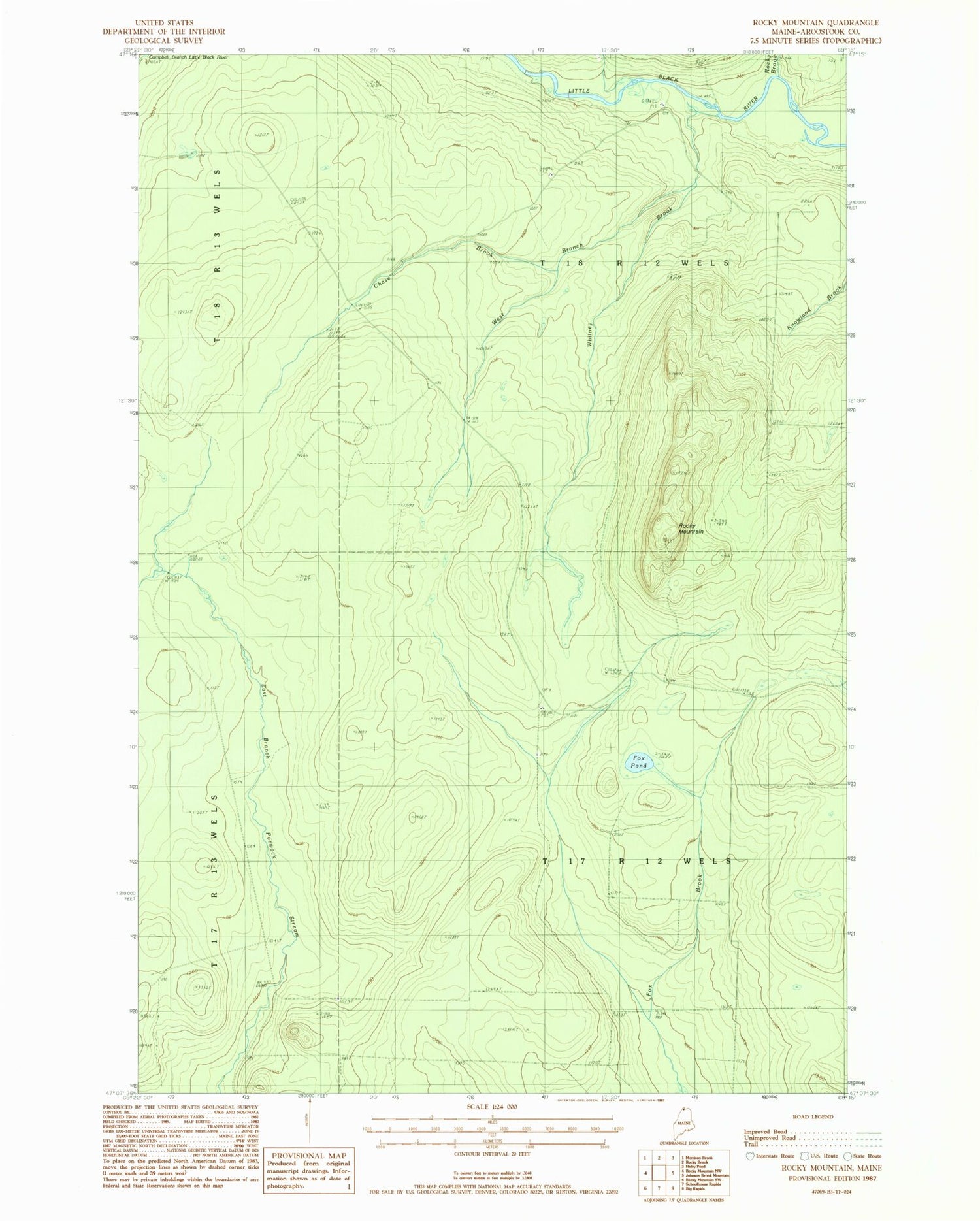 Classic USGS Rocky Mountain Maine 7.5'x7.5' Topo Map Image
