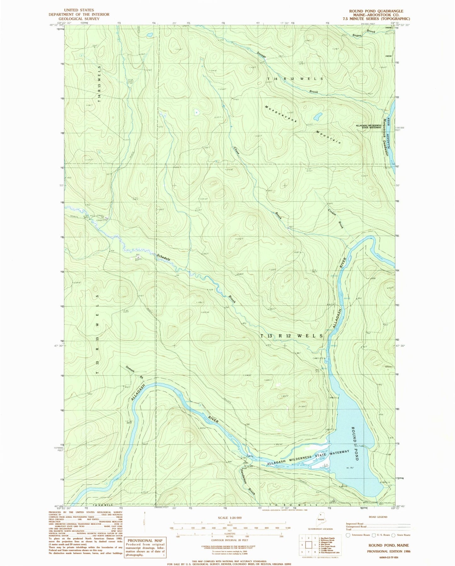 Classic USGS Round Pond Maine 7.5'x7.5' Topo Map Image
