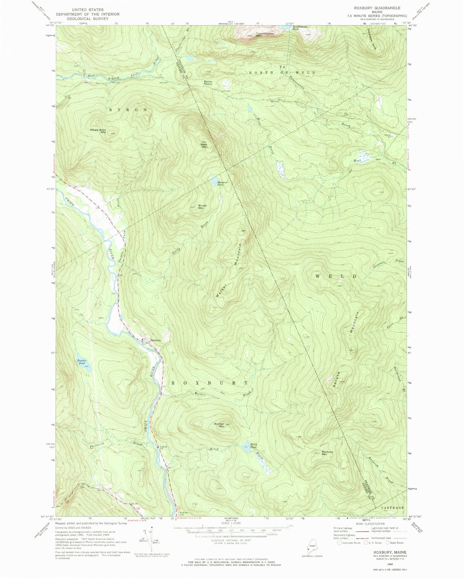 Classic USGS Roxbury Maine 7.5'x7.5' Topo Map Image