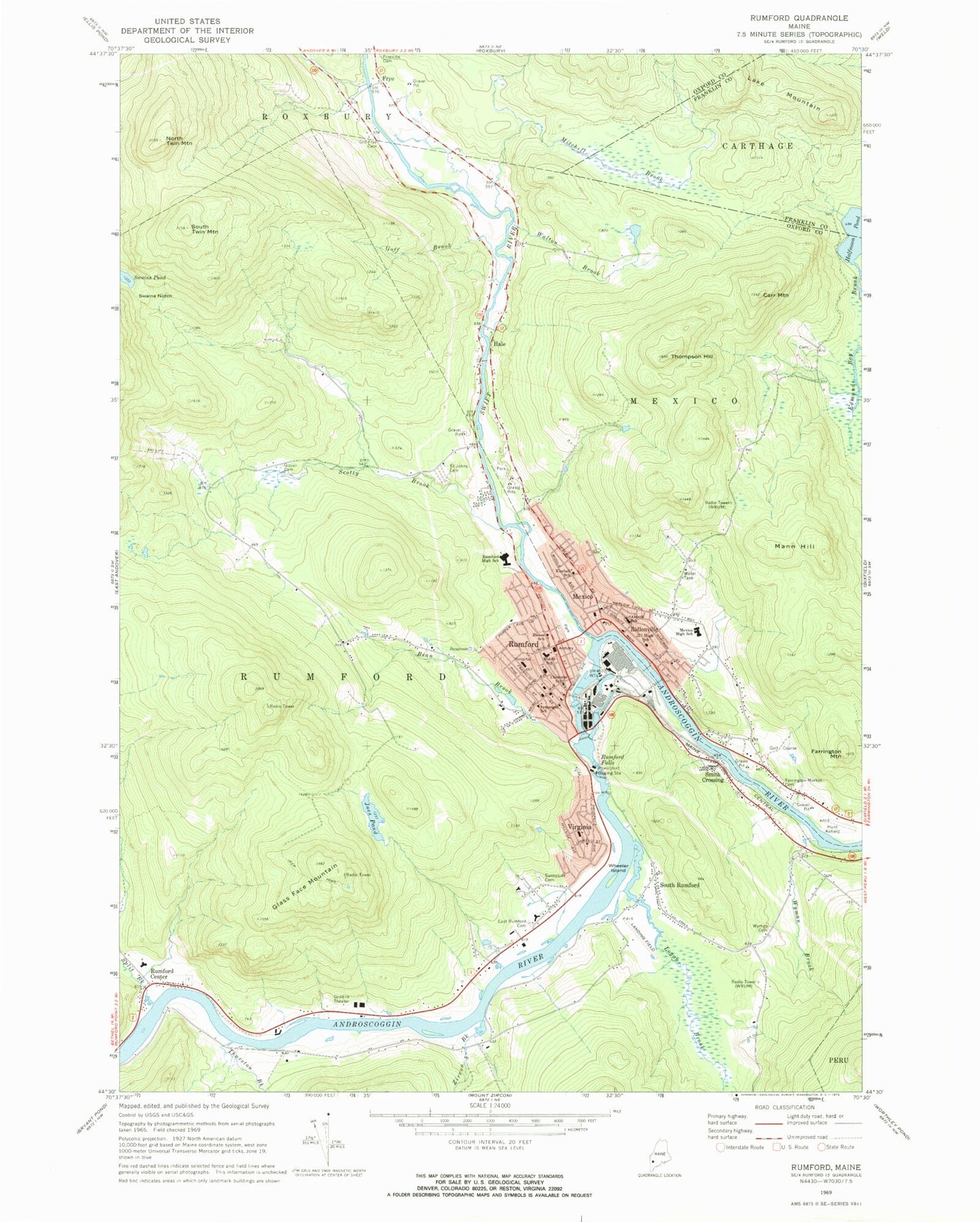 Classic USGS Rumford Maine 7.5'x7.5' Topo Map Image