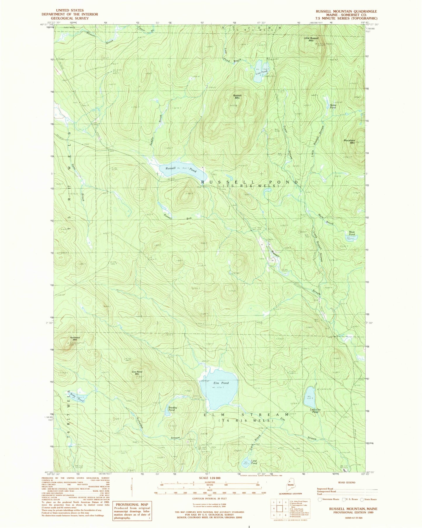 Classic USGS Russell Mountain Maine 7.5'x7.5' Topo Map Image