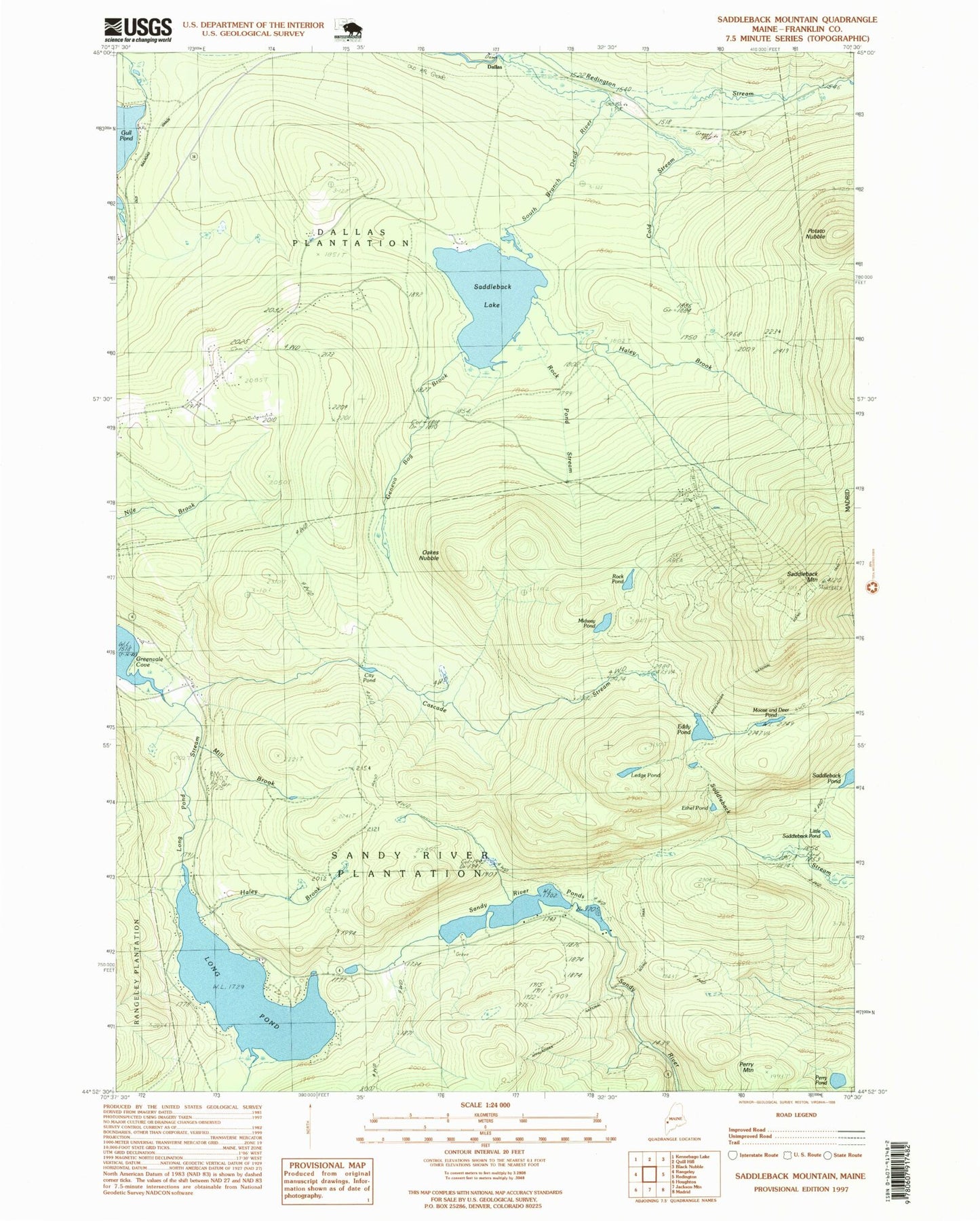 Classic USGS Saddleback Mountain Maine 7.5'x7.5' Topo Map Image