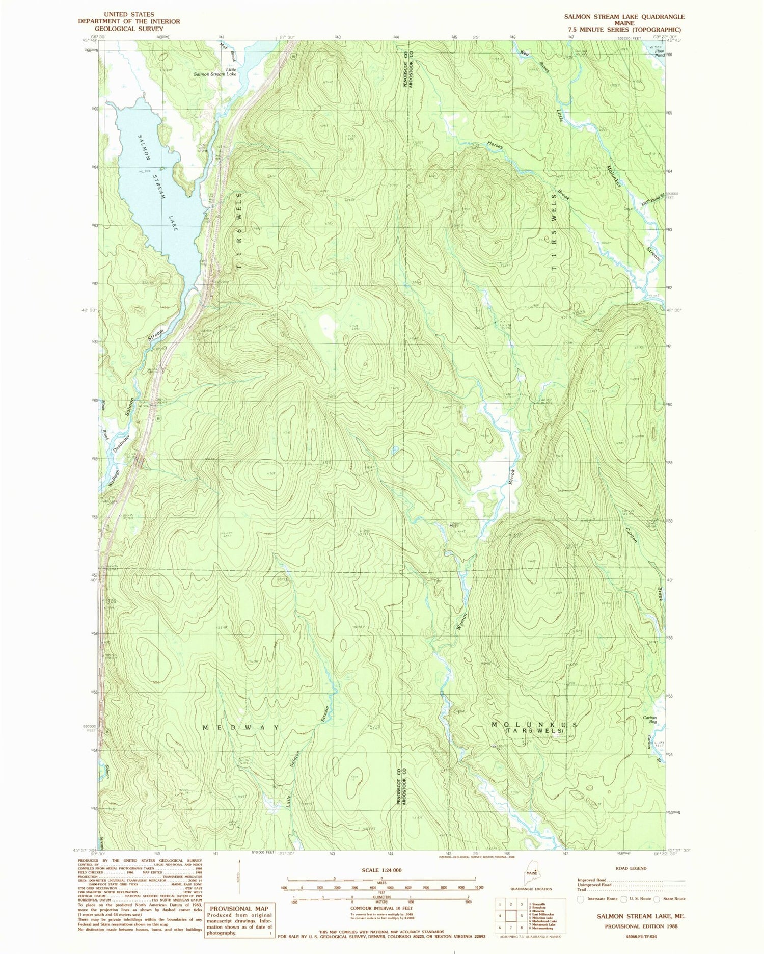 Classic USGS Salmon Stream Lake Maine 7.5'x7.5' Topo Map Image