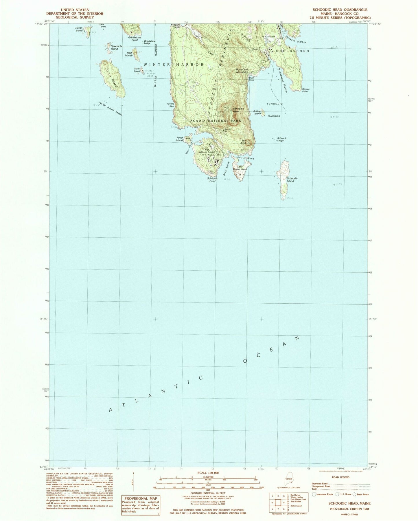 Classic USGS Schoodic Head Maine 7.5'x7.5' Topo Map Image