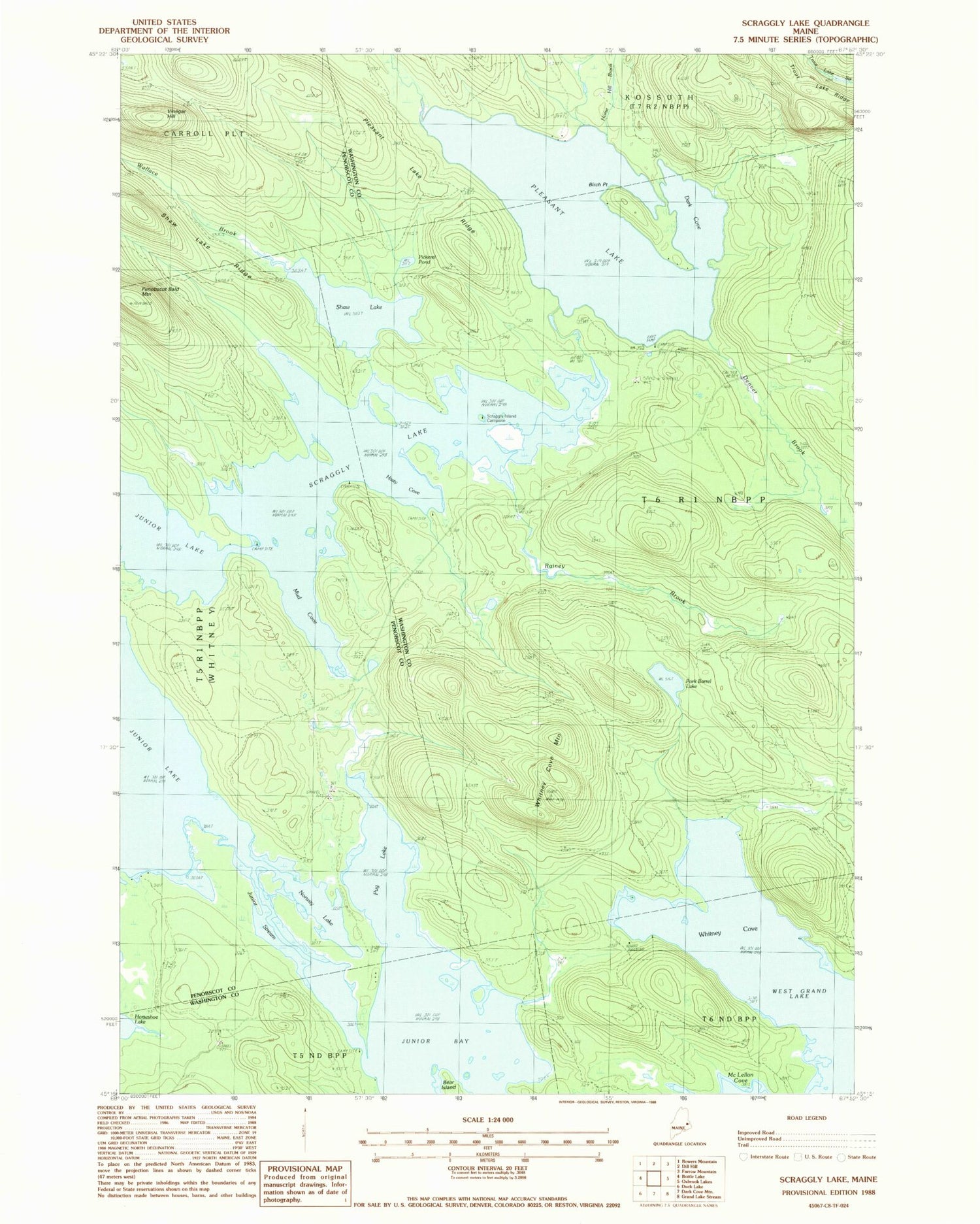 Classic USGS Scraggly Lake Maine 7.5'x7.5' Topo Map Image