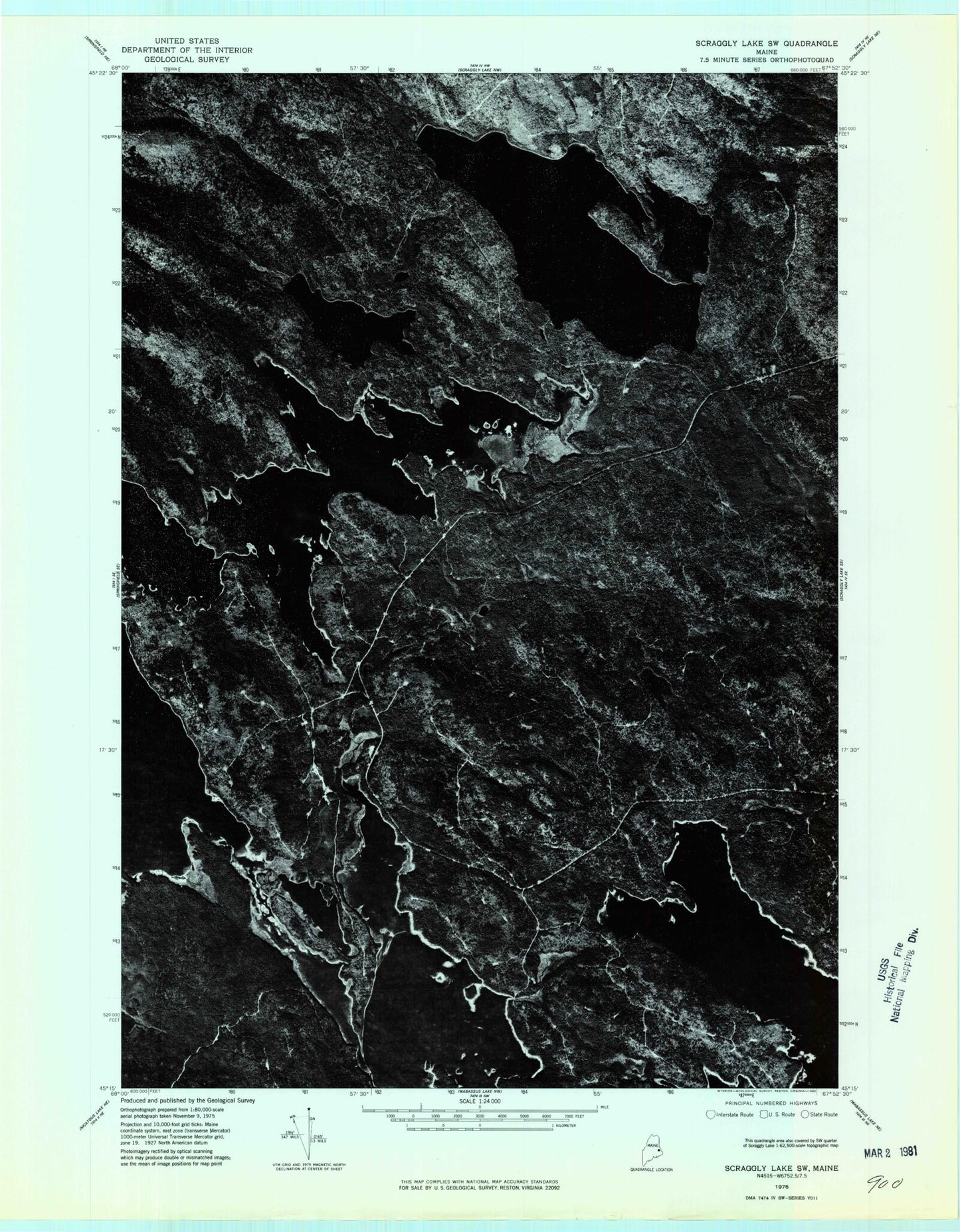 Classic USGS Scraggly Lake Maine 7.5'x7.5' Topo Map Image
