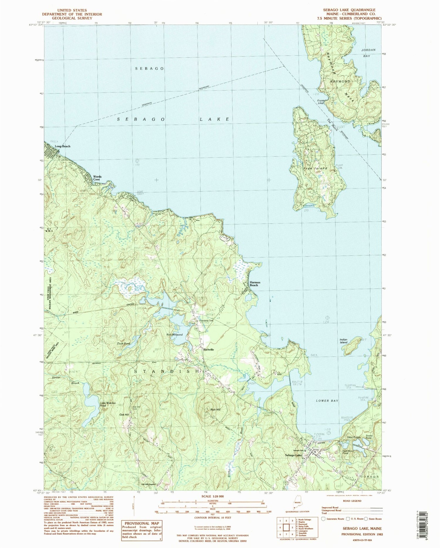 Classic USGS Sebago Lake Maine 7.5'x7.5' Topo Map Image