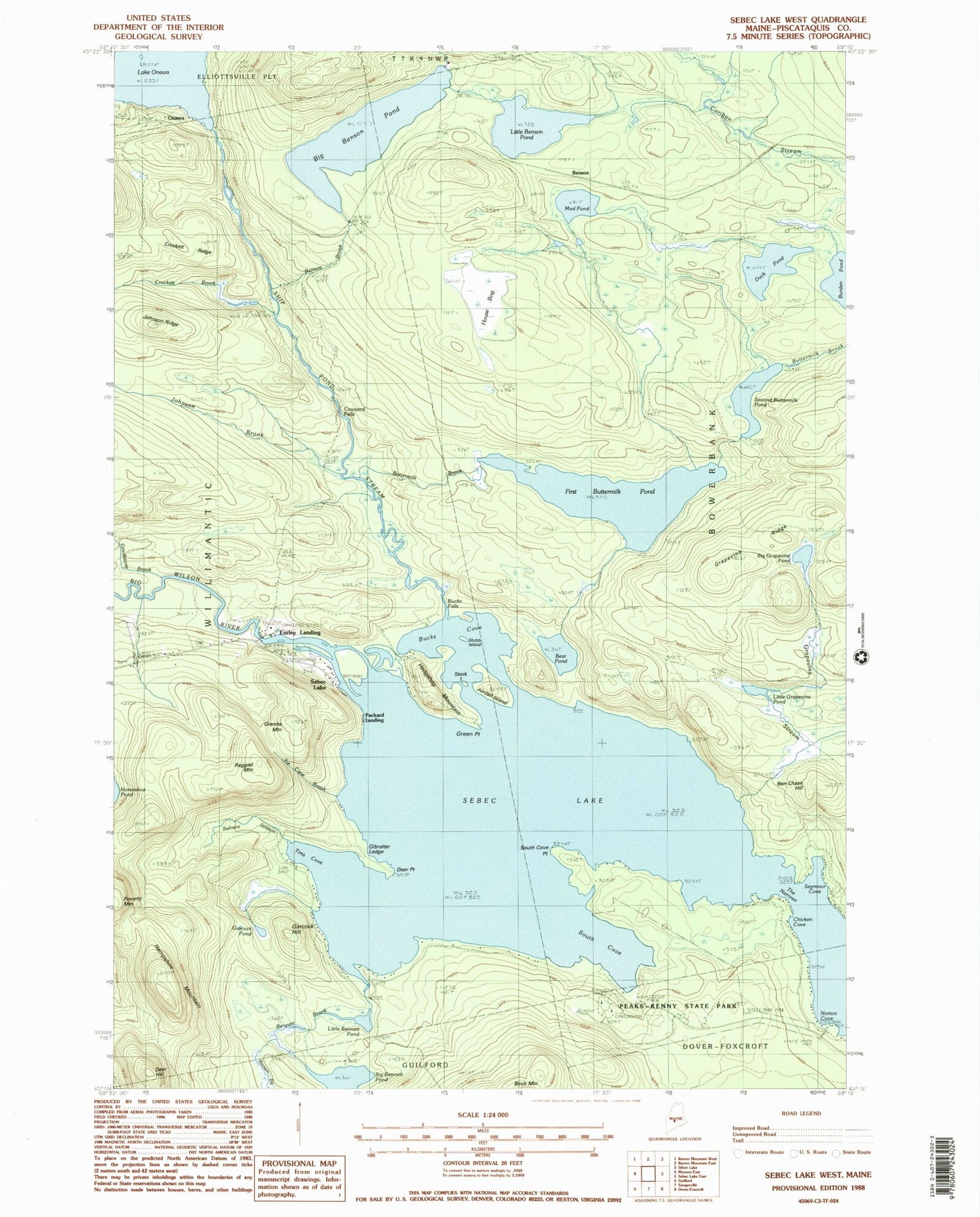 Classic USGS Sebec Lake West Maine 7.5'x7.5' Topo Map Image
