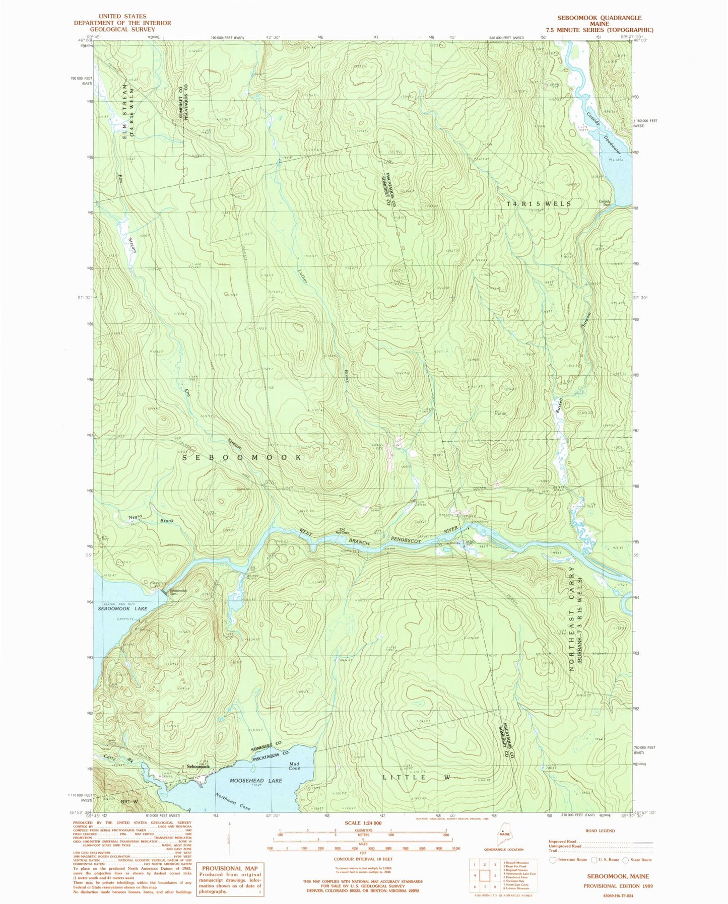 Classic USGS Seboomook Maine 7.5'x7.5' Topo Map Image