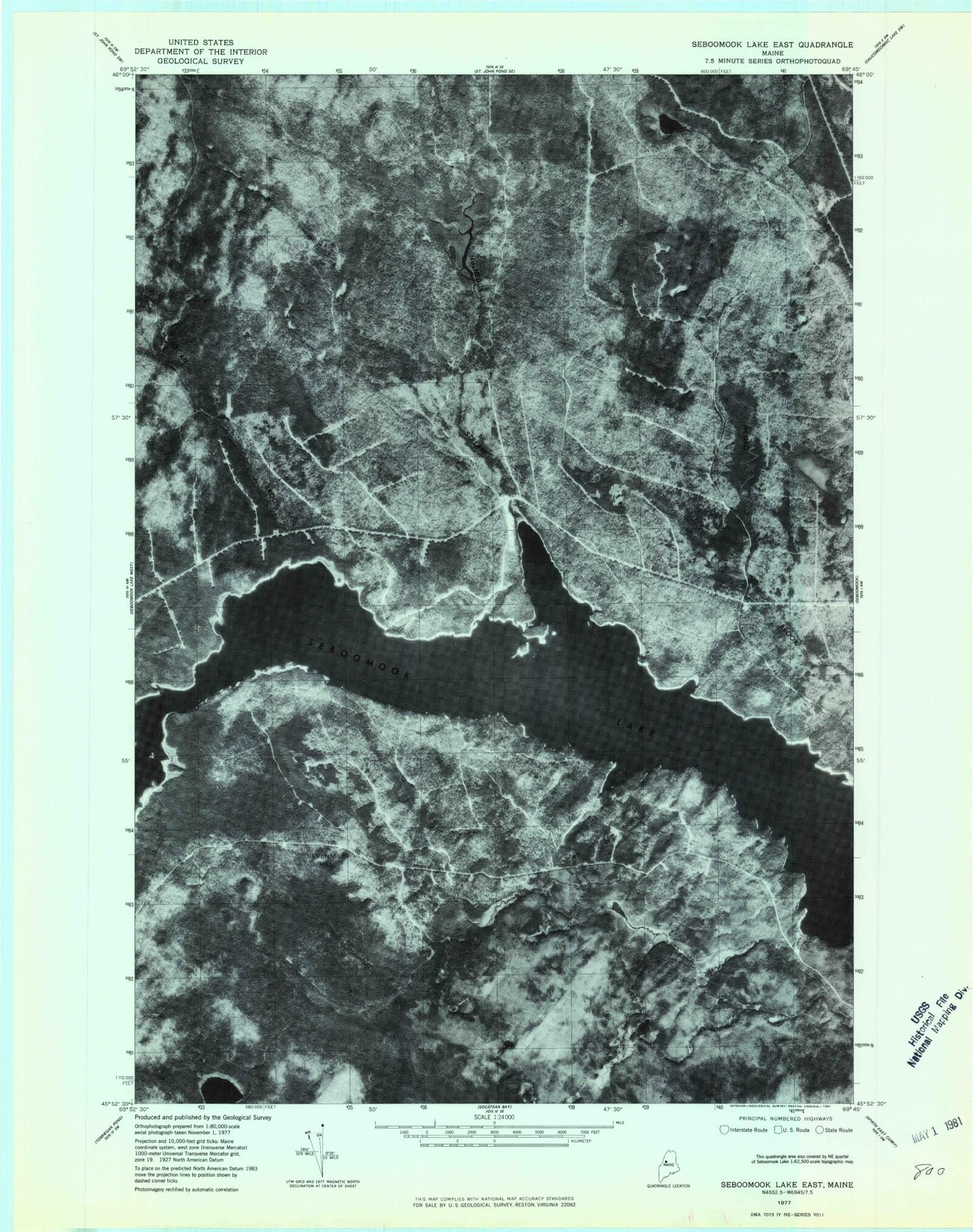 Classic USGS Seboomook Lake East Maine 7.5'x7.5' Topo Map Image