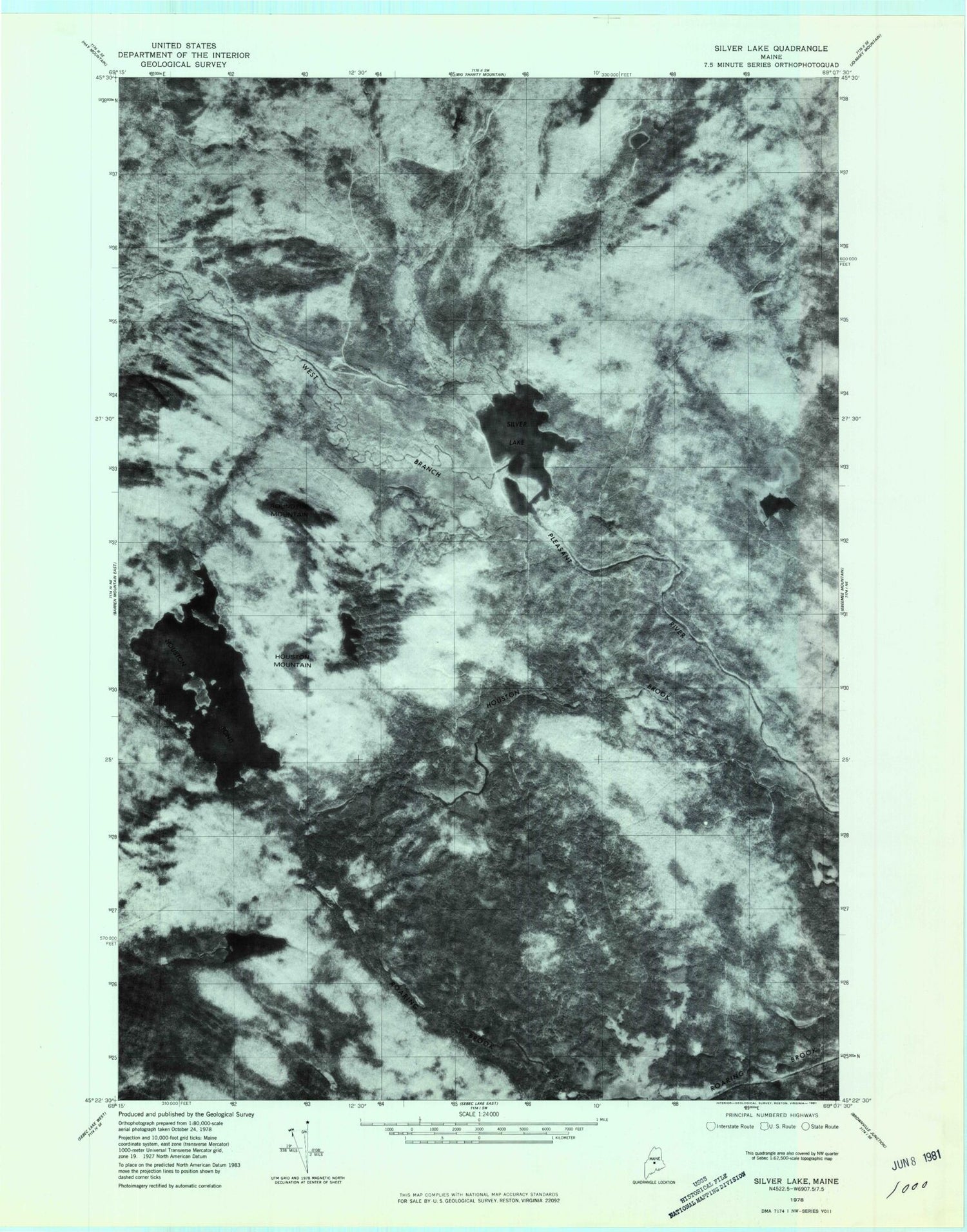 Classic USGS Silver Lake Maine 7.5'x7.5' Topo Map Image