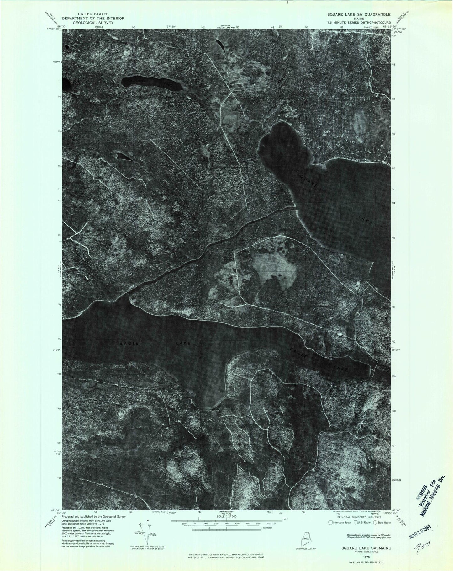 Classic USGS Square Lake West Maine 7.5'x7.5' Topo Map Image