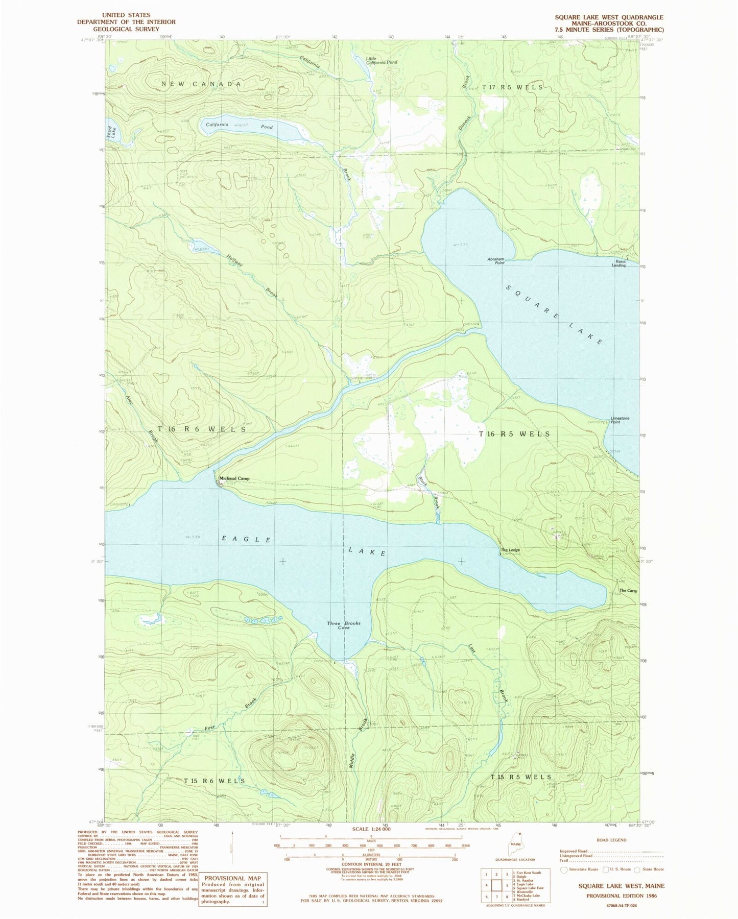 Classic USGS Square Lake West Maine 7.5'x7.5' Topo Map Image