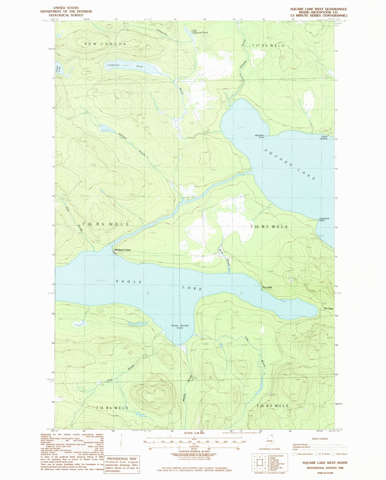 Classic USGS Square Lake West Maine 7.5'x7.5' Topo Map Image