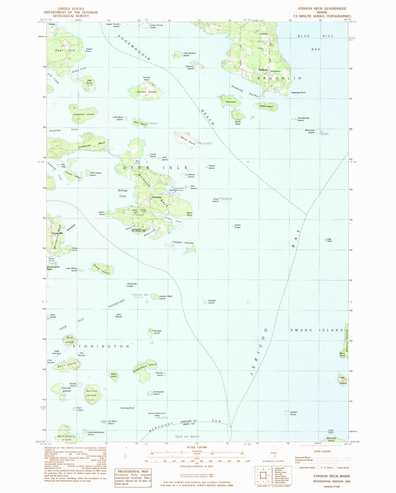 Classic USGS Stinson Neck Maine 7.5'x7.5' Topo Map Image