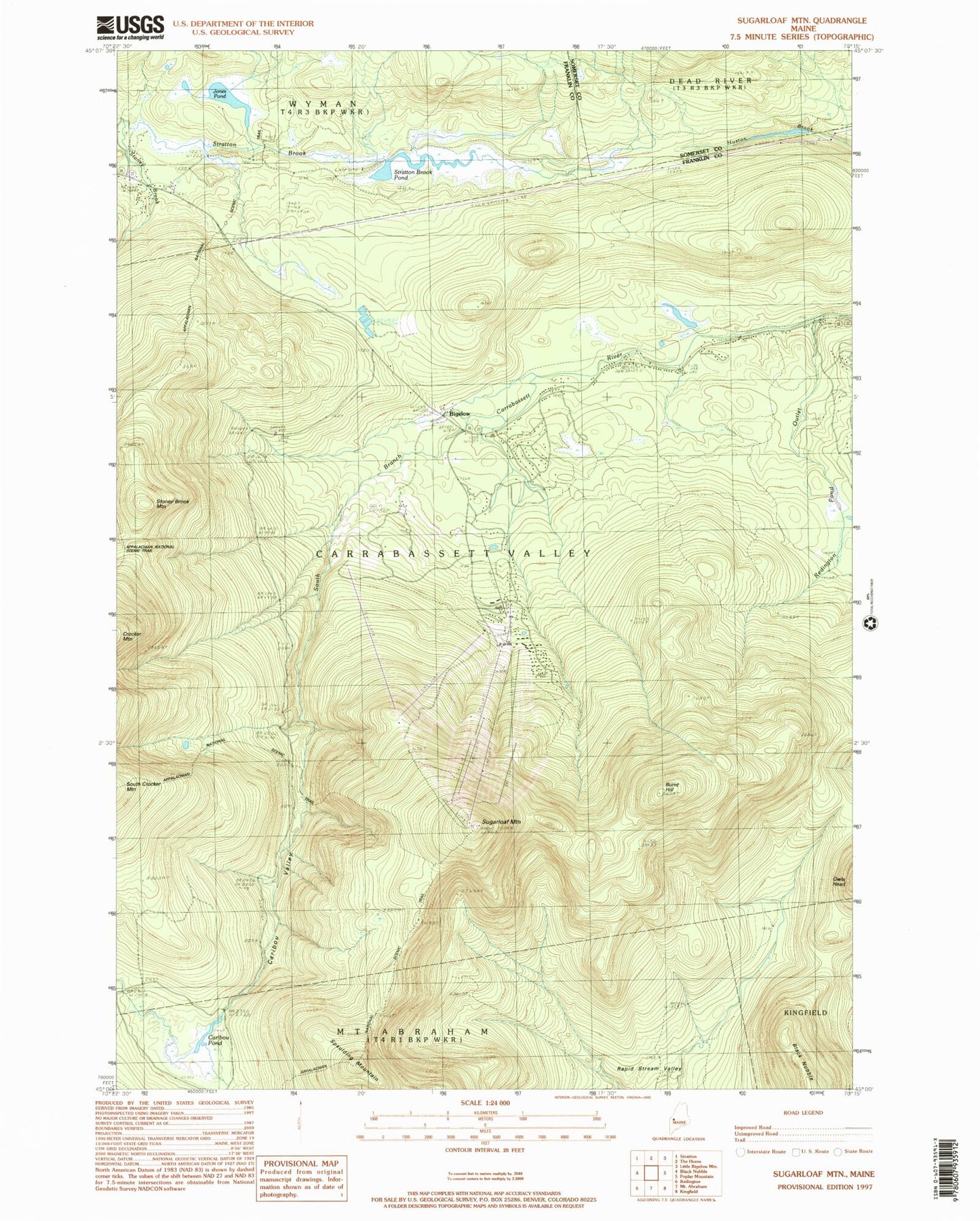 Classic USGS Sugarloaf Mountain Maine 7.5'x7.5' Topo Map Image