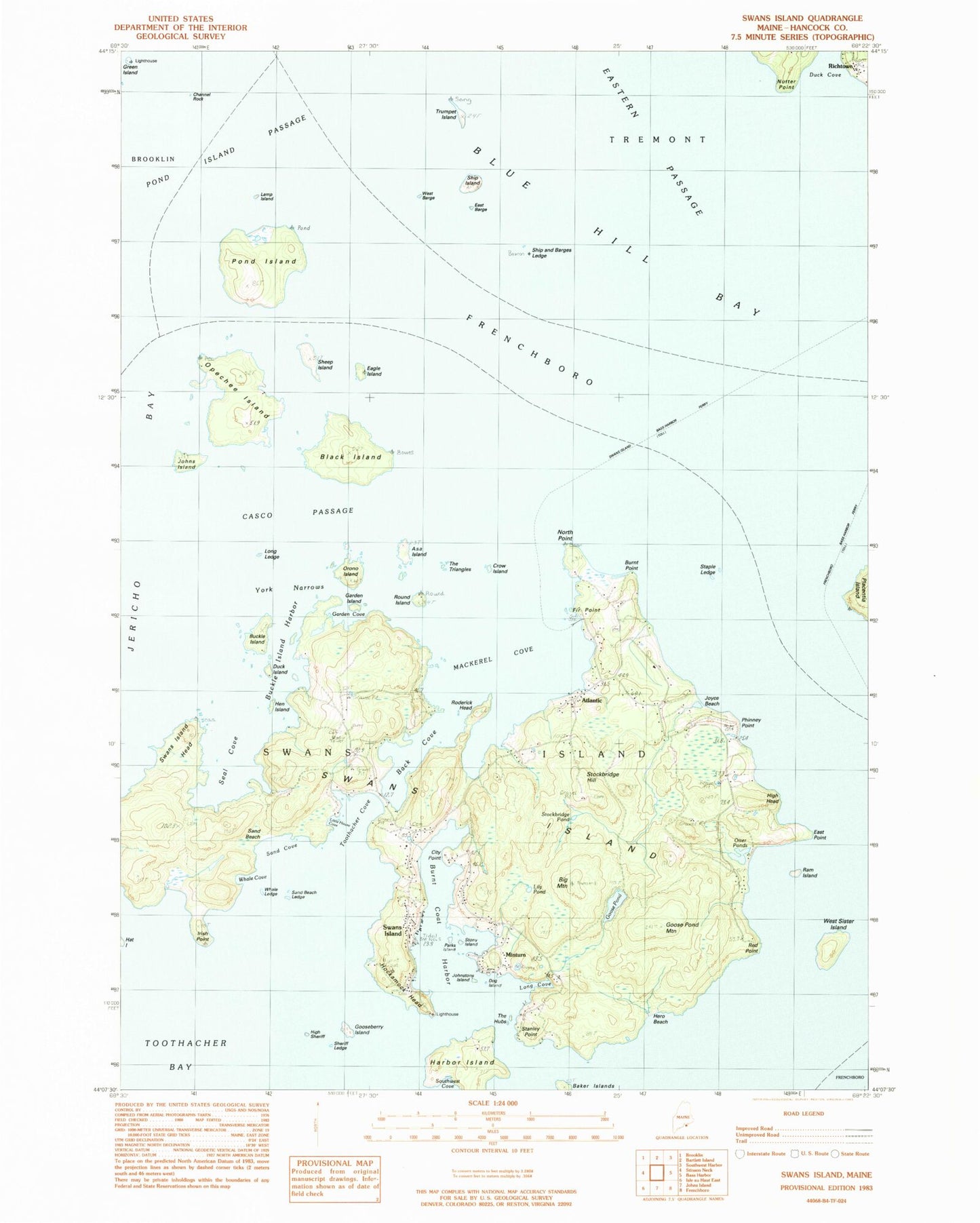 Classic USGS Swans Island Maine 7.5'x7.5' Topo Map Image