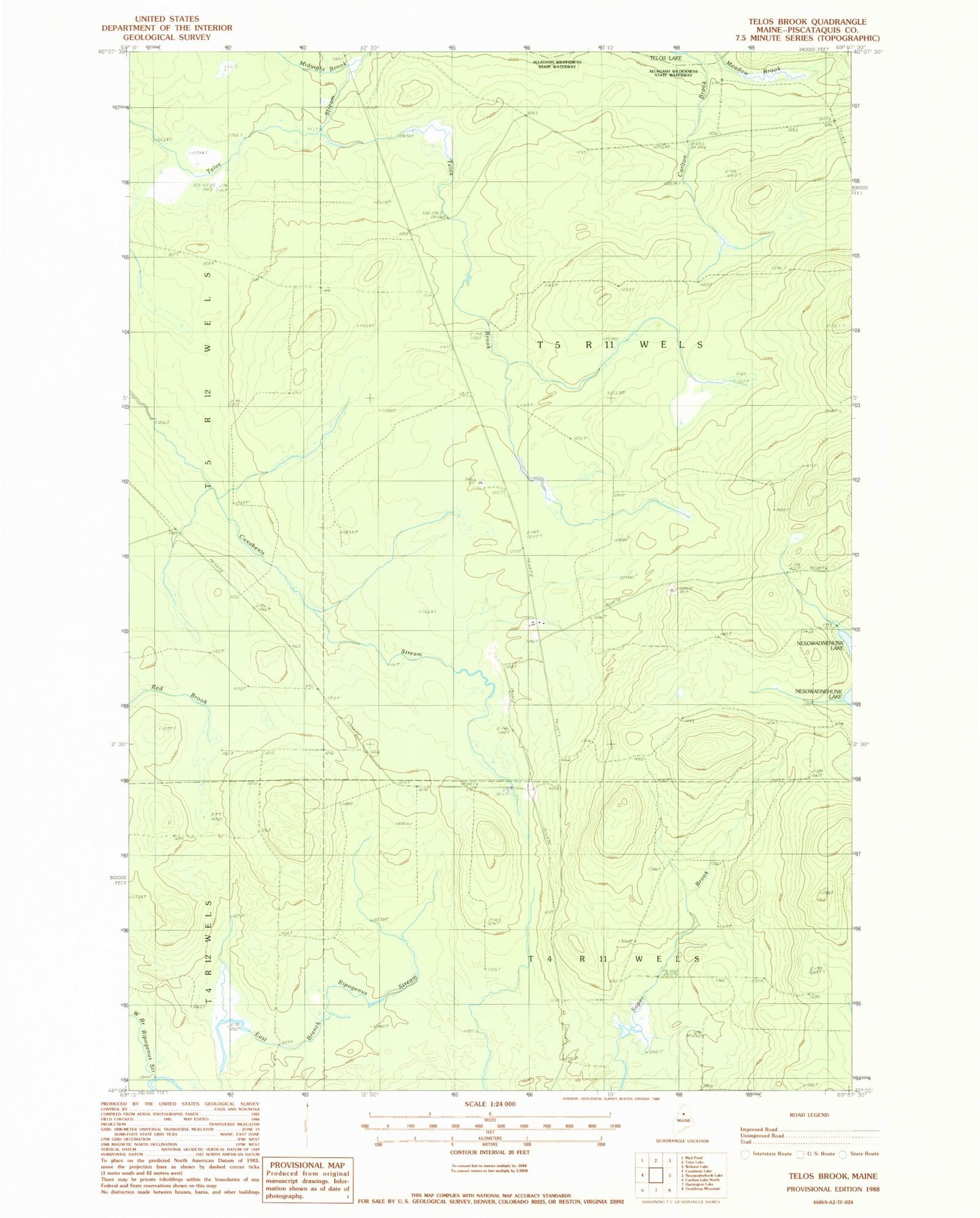 Classic USGS Telos Brook Maine 7.5'x7.5' Topo Map Image