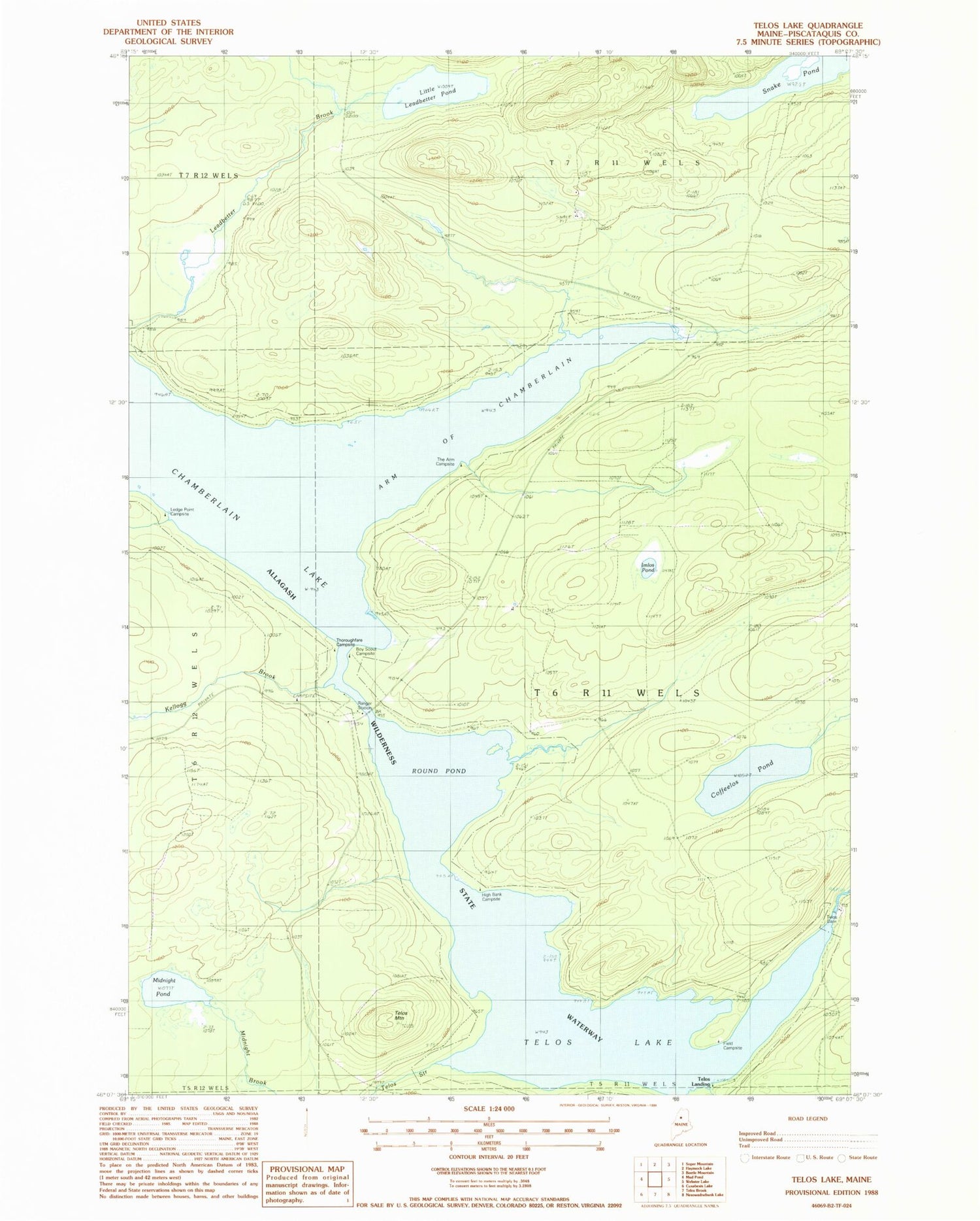 Classic USGS Telos Lake Maine 7.5'x7.5' Topo Map Image