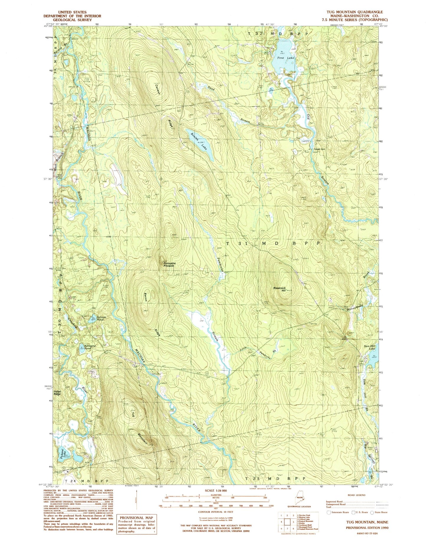 Classic USGS Tug Mountain Maine 7.5'x7.5' Topo Map Image