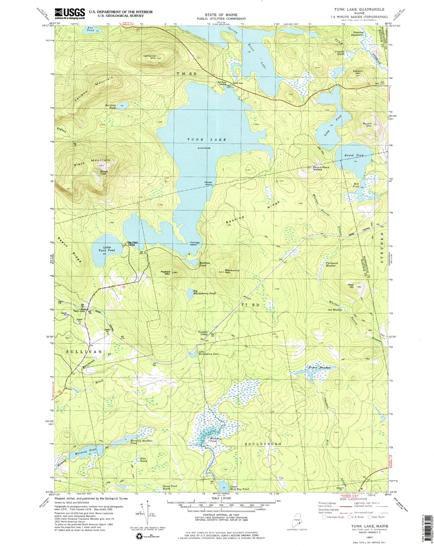 Classic USGS Tunk Lake Maine 7.5'x7.5' Topo Map Image