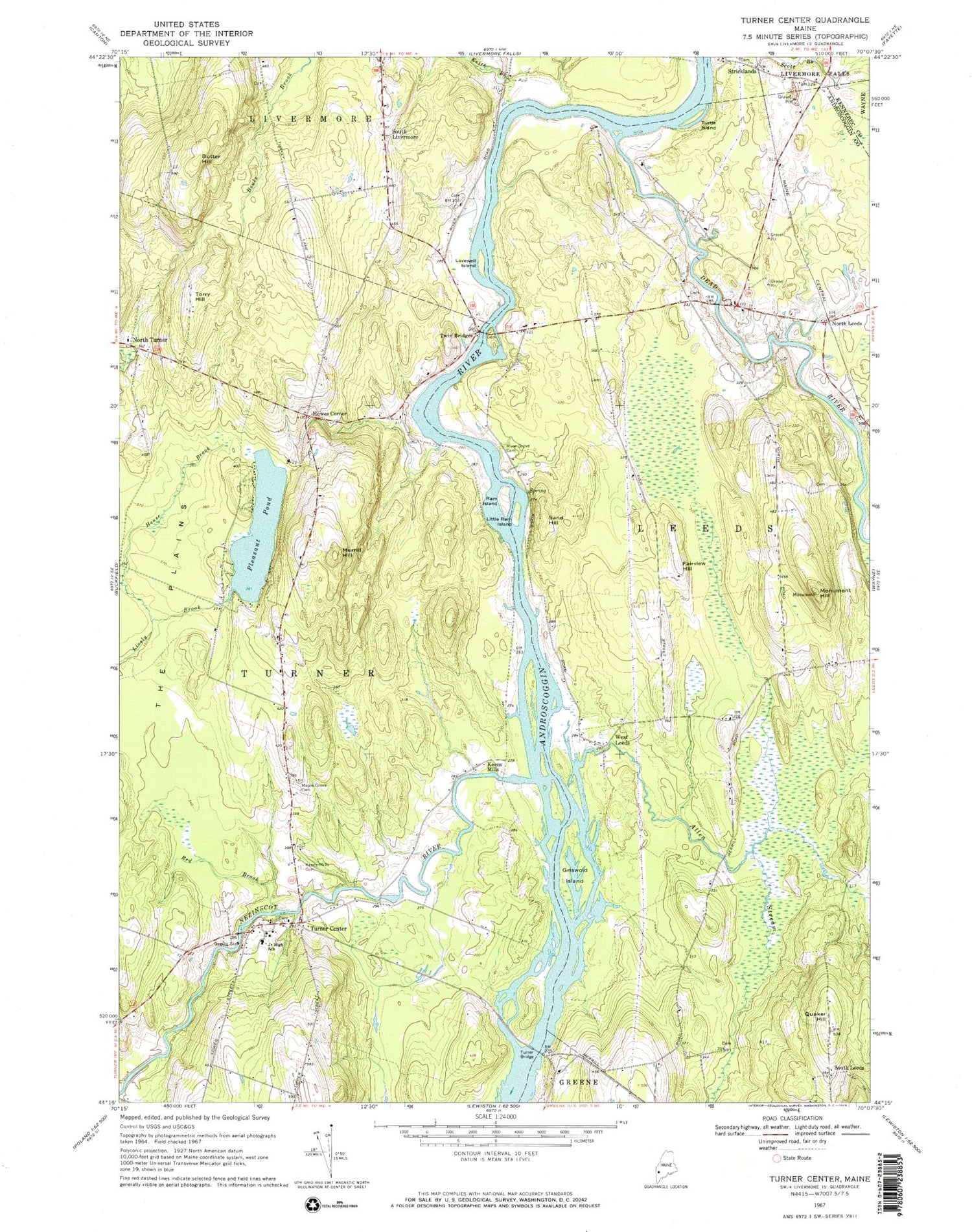 Classic USGS Turner Center Maine 7.5'x7.5' Topo Map Image