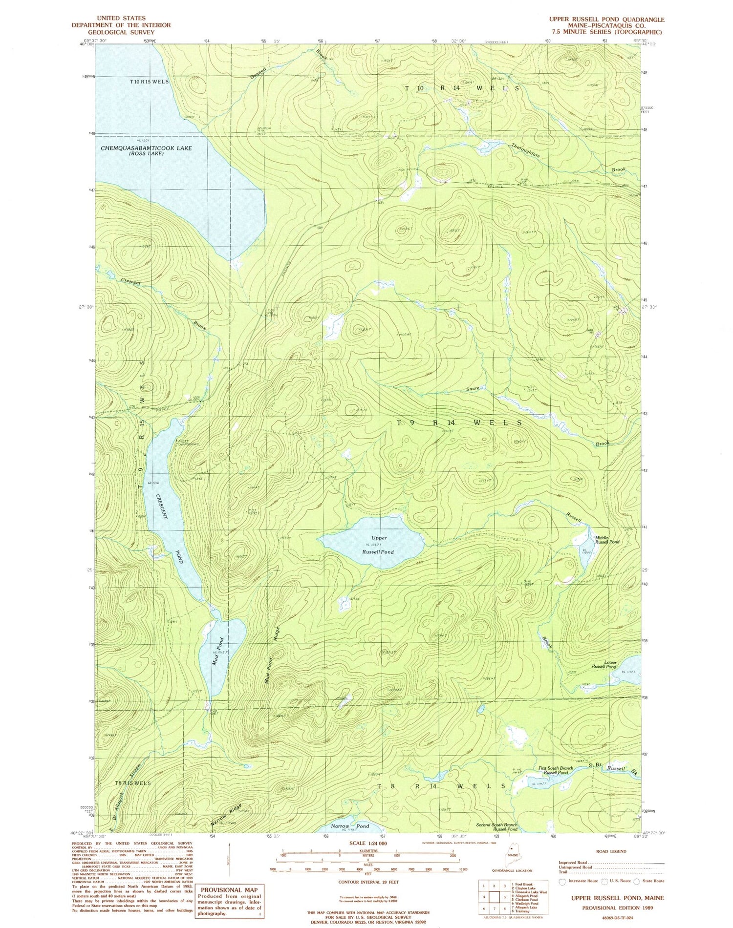 Classic USGS Upper Russell Pond Maine 7.5'x7.5' Topo Map Image