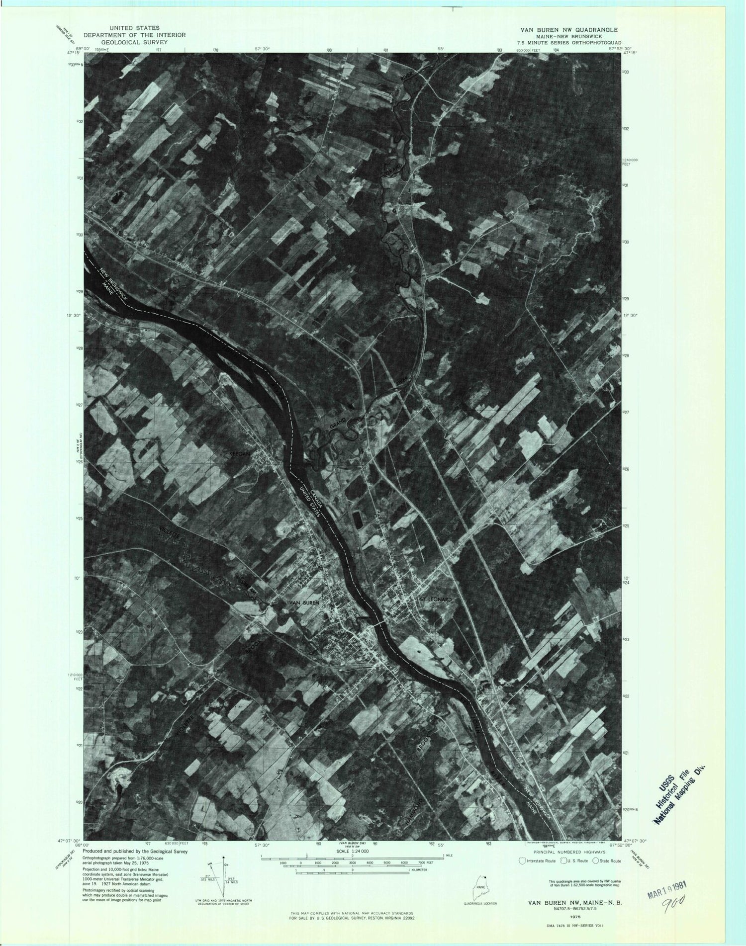 Classic USGS Van Buren Maine 7.5'x7.5' Topo Map Image