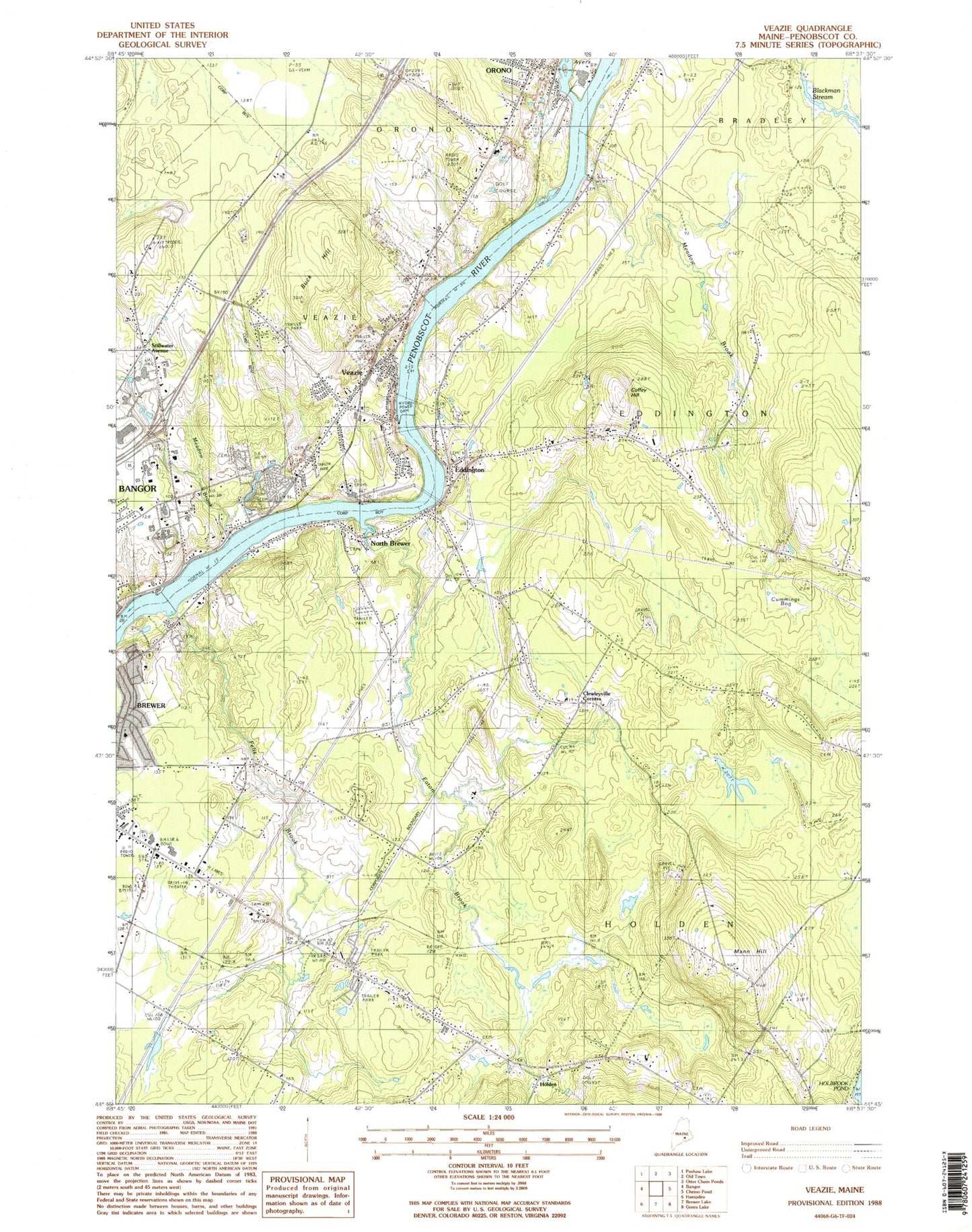 Classic USGS Veazie Maine 7.5'x7.5' Topo Map Image
