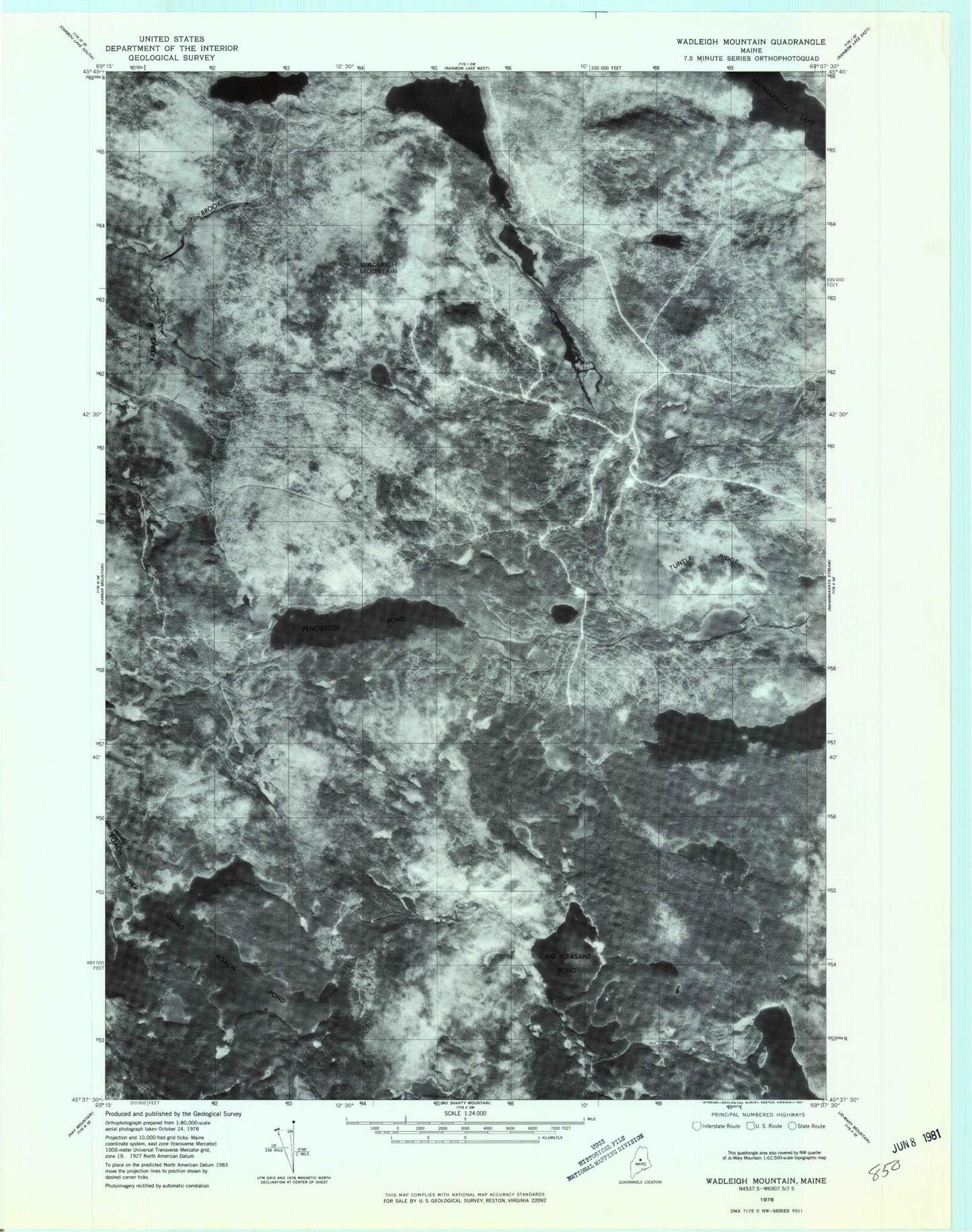 Classic USGS Wadleigh Mountain Maine 7.5'x7.5' Topo Map Image