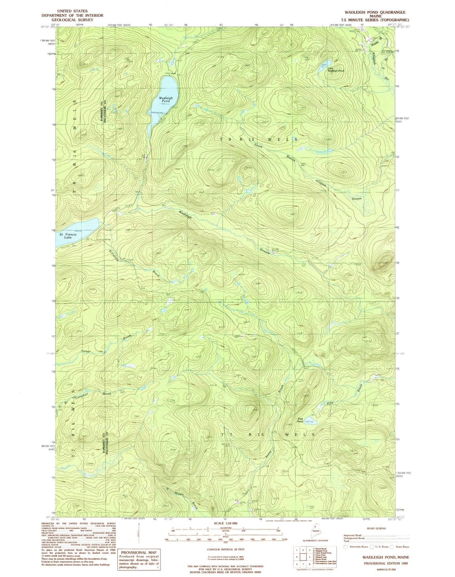 Classic USGS Wadleigh Pond Maine 7.5'x7.5' Topo Map Image