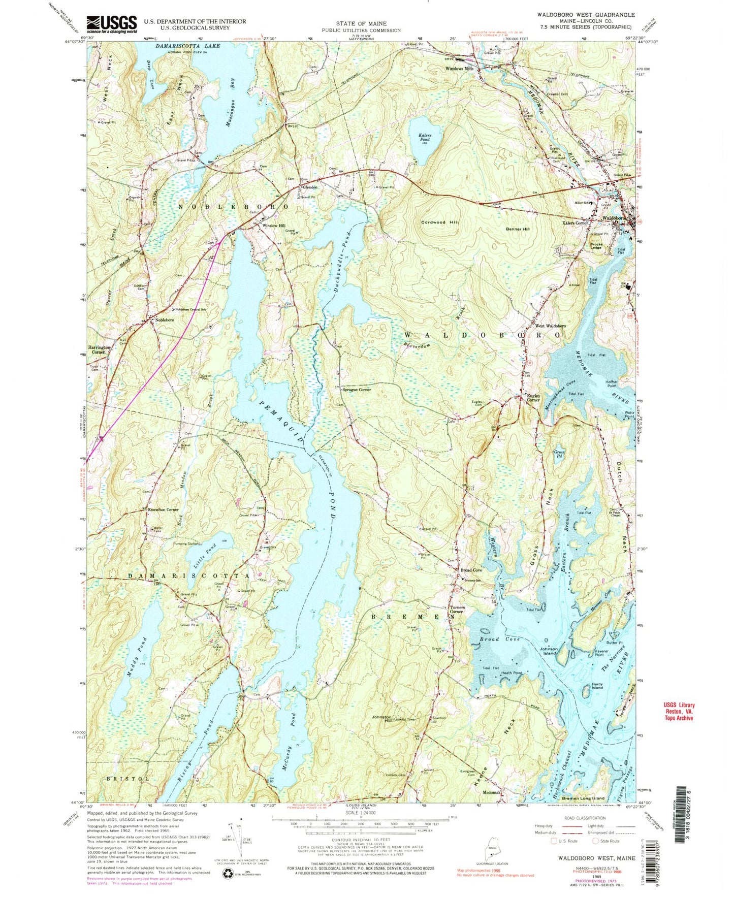 Classic USGS Waldoboro West Maine 7.5'x7.5' Topo Map Image